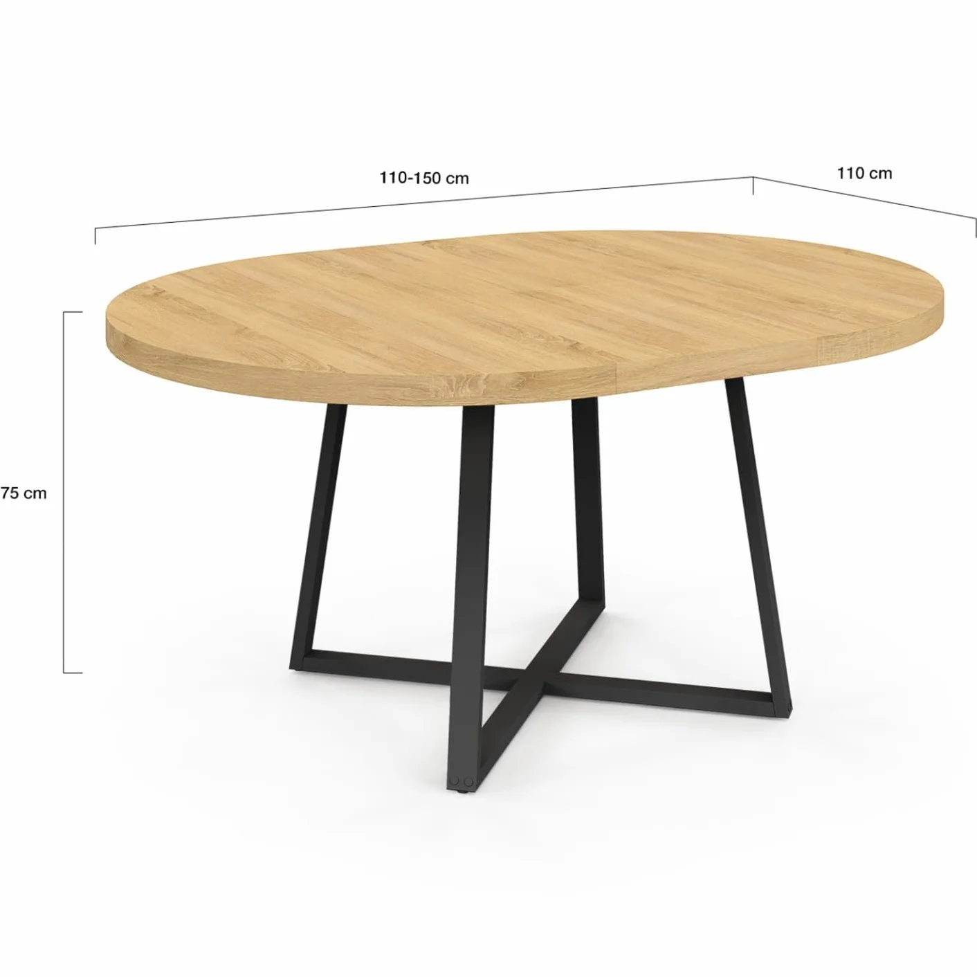 IDMarket Selma – Mesa de comedor extensible redonda para 4-8 personas, madera y negro, 110-150 cm