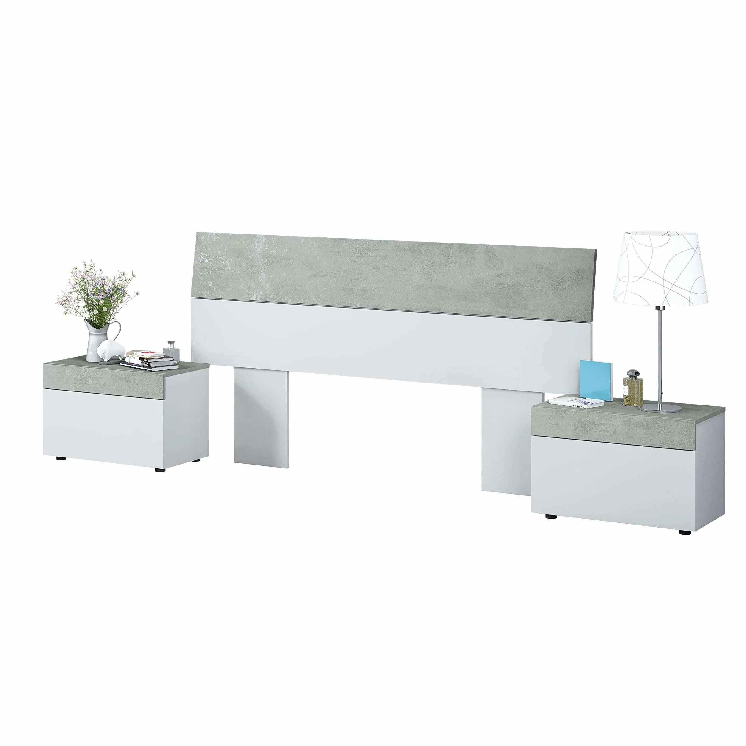 Miroytengo Conjunto Dormitorio Completo Habitación Principal Color Blanco Artik y Cemento (cabecero + 2 mesitas + Armario + Zapatero)