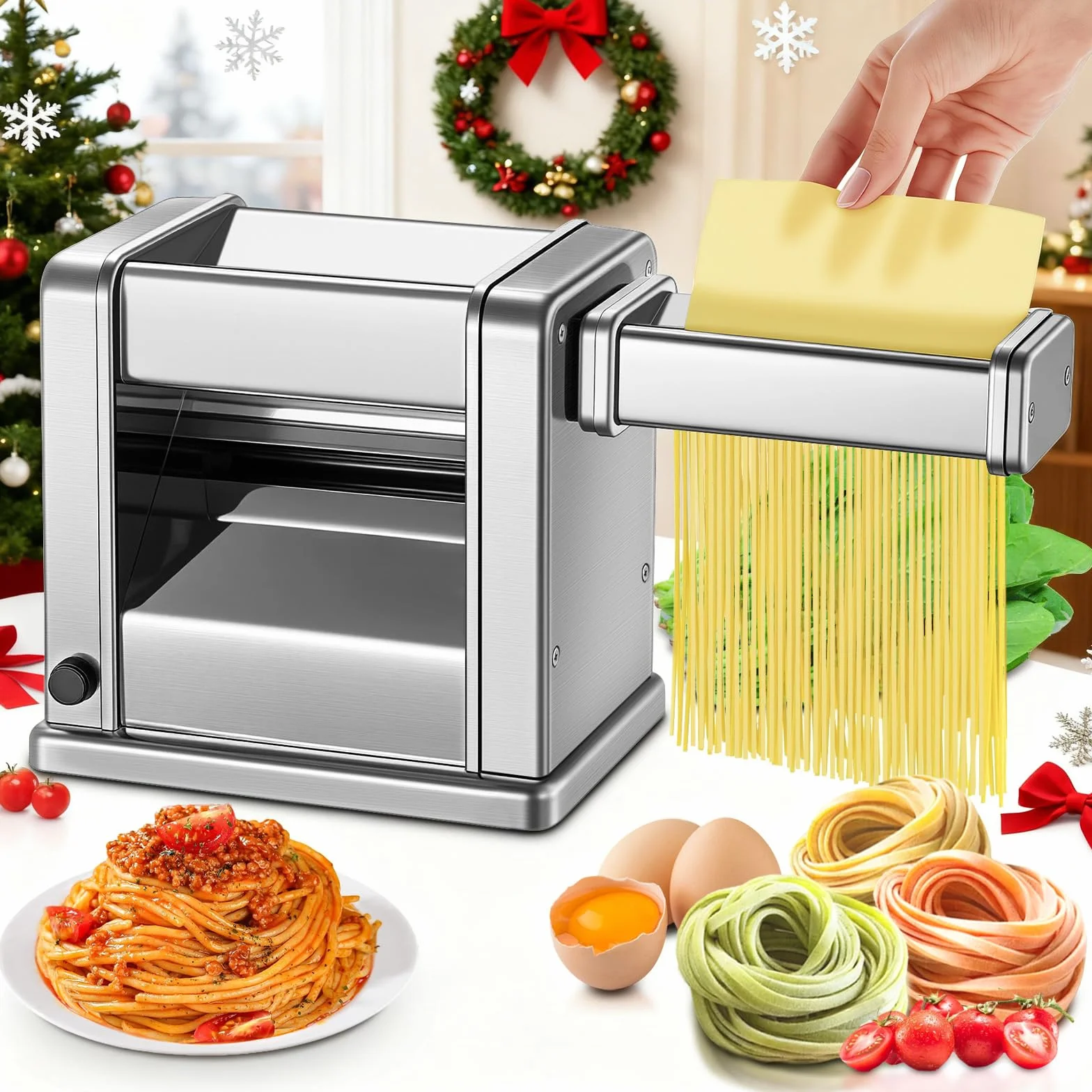 FOHERE Máquina de Pasta Fresca Eléctrica con 2 Cuchillas (1.5 mm/6.6 mm) y 7 Grosores Ajustables de 0.5-3 mm, Acero Inoxidable para Hacer Fideos Espaguetis Raviolis, Plata