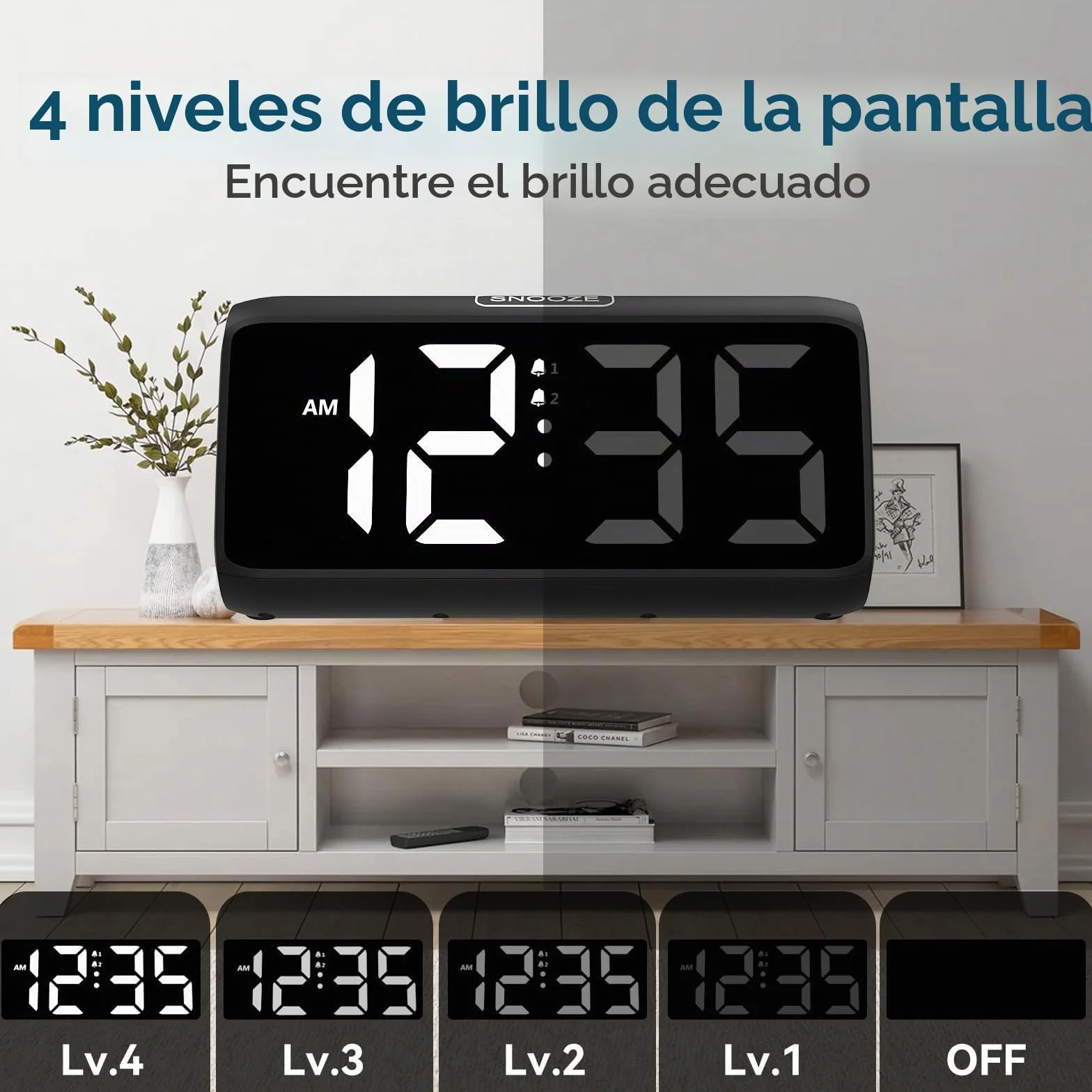 Despertador fuerte para durmientes profundos, despertador fuerte con vibración, doble alarma, pantalla LED, 5 niveles de brillo, 4 niveles de volumen, snooze, despertador vibrante para ancianos