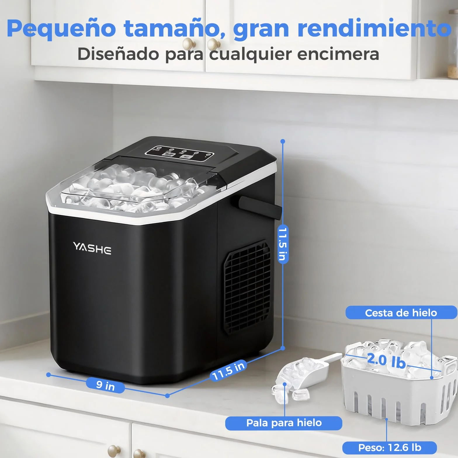 YASHE Máquina de Hielo de Encimera, 12 kg/día, 9 Cubitos en 6 Min, Portátil, Autolimpiante