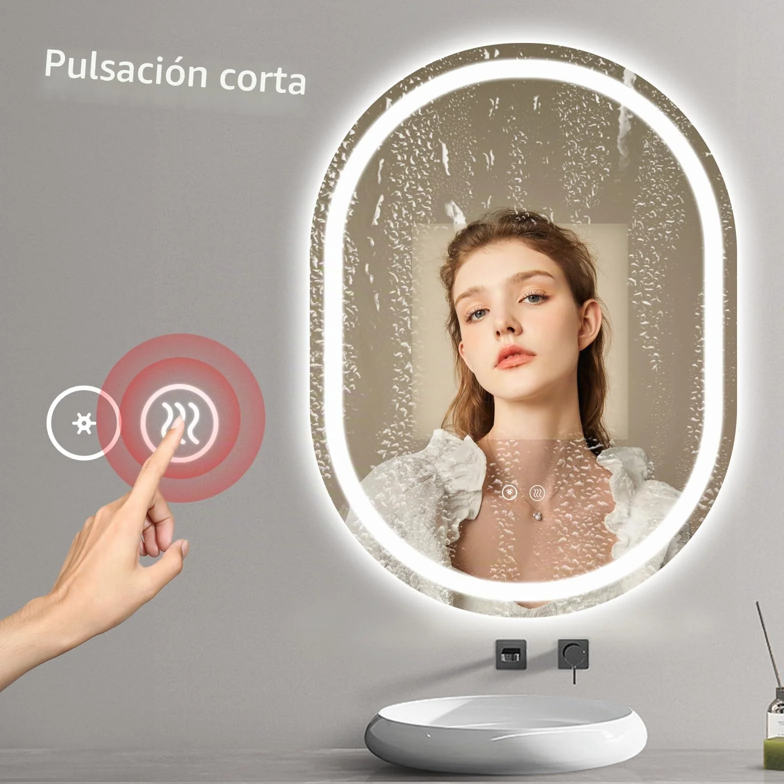 SaniteModar Espejo Ovalado Baño con Luz 60x80 cm, Espejo Baño LED Antivaho con 3 Temperaturas de Color y Brillo Ajustable, Función Memoria, Montaje Vertical, IP44 Impermeable