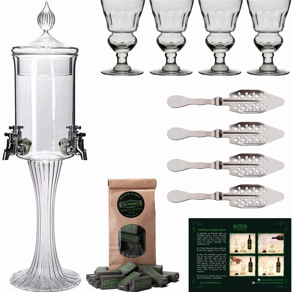 ALANDIA Absenta Juego de Accesorios Completo con 1x Fuente d'Absenta | 4x Vasos | 4x Cucharas | 1x Azúcar
