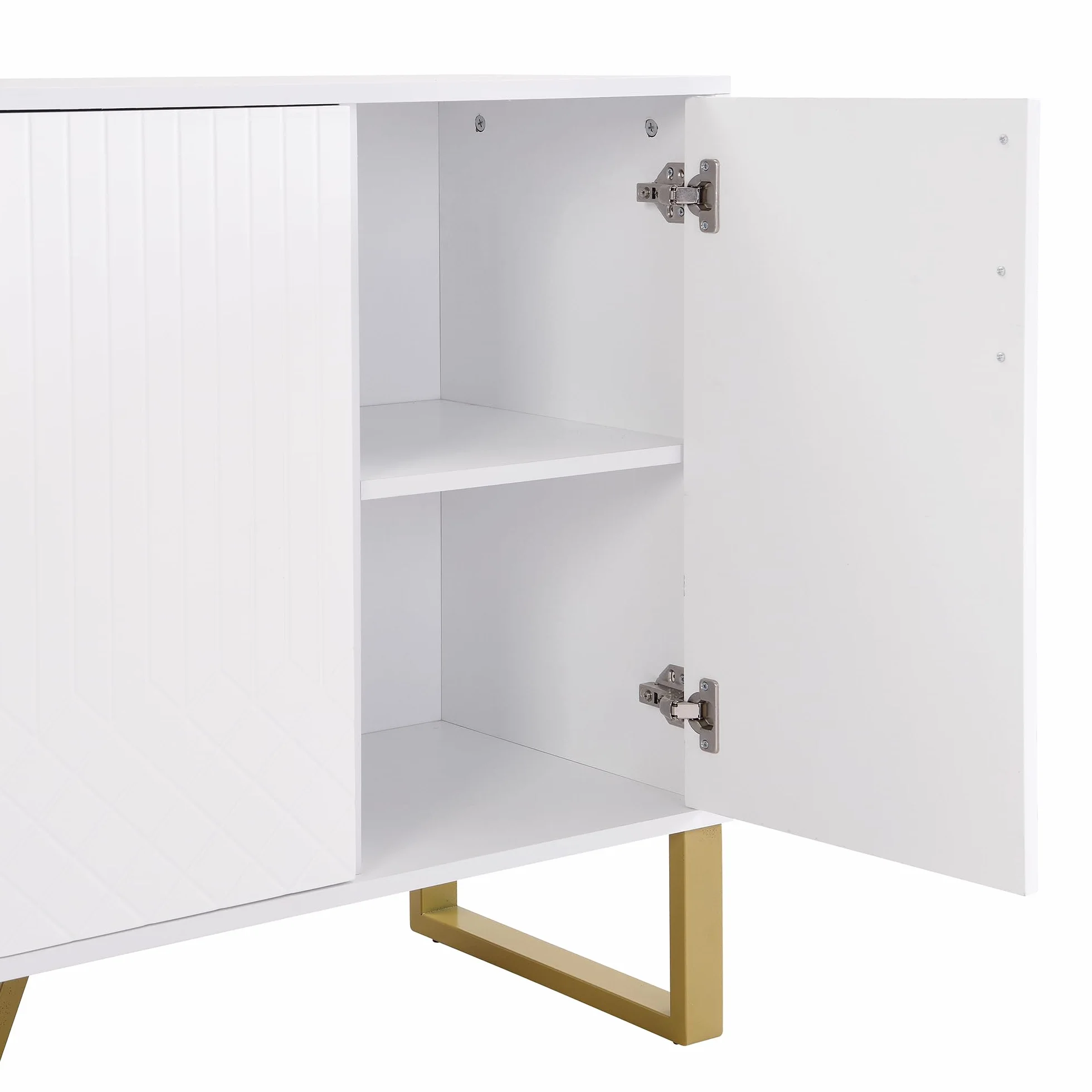Aparador brillante, 4 puertas, tiradores y patas de metal, diseño geométrico en blanco, 140L*40L*80H, apto para salas de estar