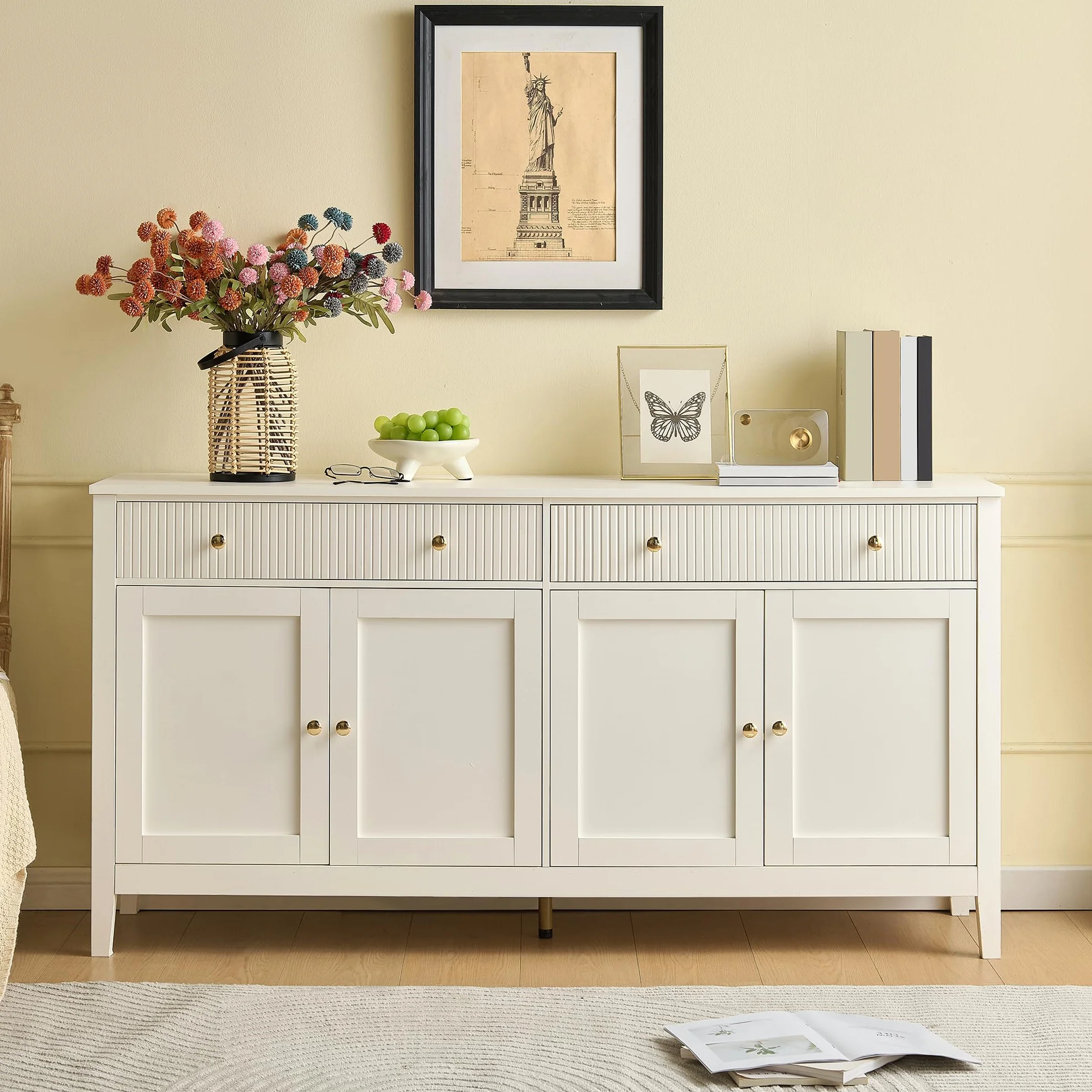 Aparador Blanco Elegante con 2 Cajones y 4 Puertas, Armario Cocina Aparadores para Salon con Estante y 5 Patas, Aparador Entrada Mueble Auxiliar Comedor, 160x40x82 cm, Blanco