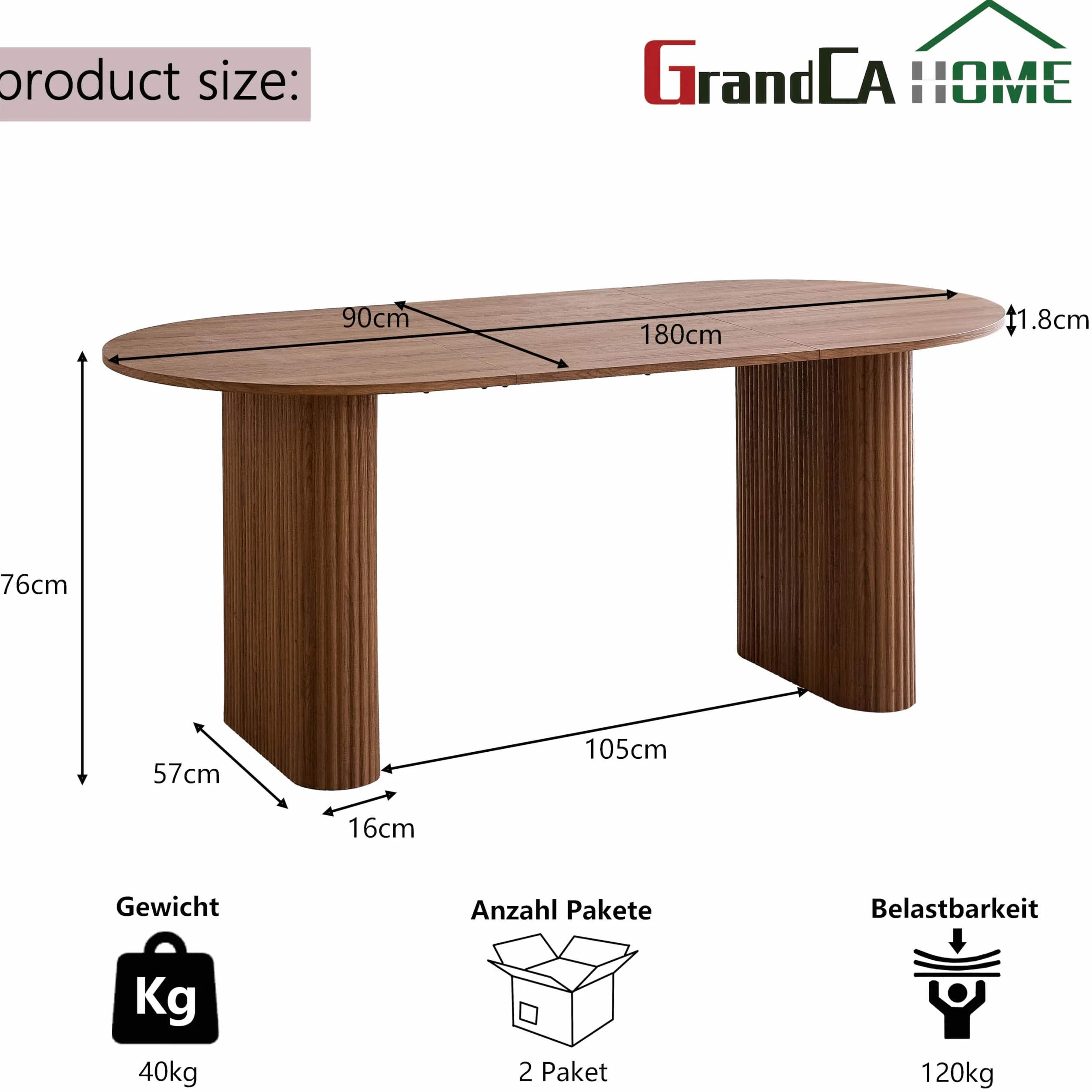 GrandCA HOME Mesa de Comedor Ovalada de Madera, Moderna Mesa de Cocina de 180 CM, Escritorio Grande de MDF, para 6-8 Personas (Marrón Oscuro)