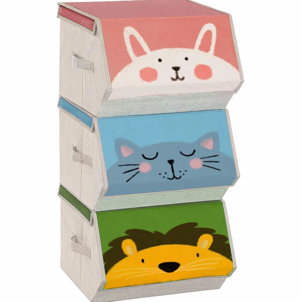 SONGMICS Caja Almacenaje Tela Infantil Plegable Juego 3 Apilables Asas Tapa Magnética Conejo Gato León Rosa Azul Verde Gris