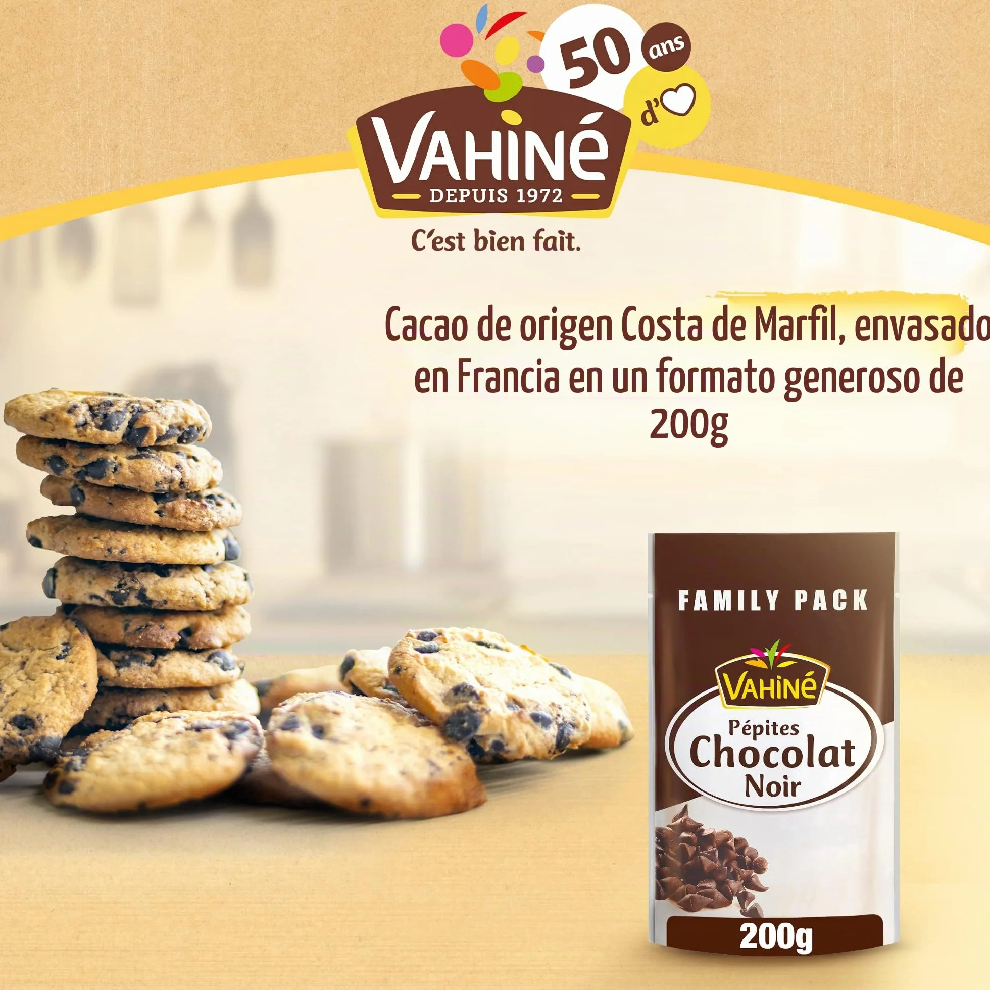 VAHINÉ Pastilla de chocolate negro 200 g formato familiar original de Côte d'Ivoire para postres