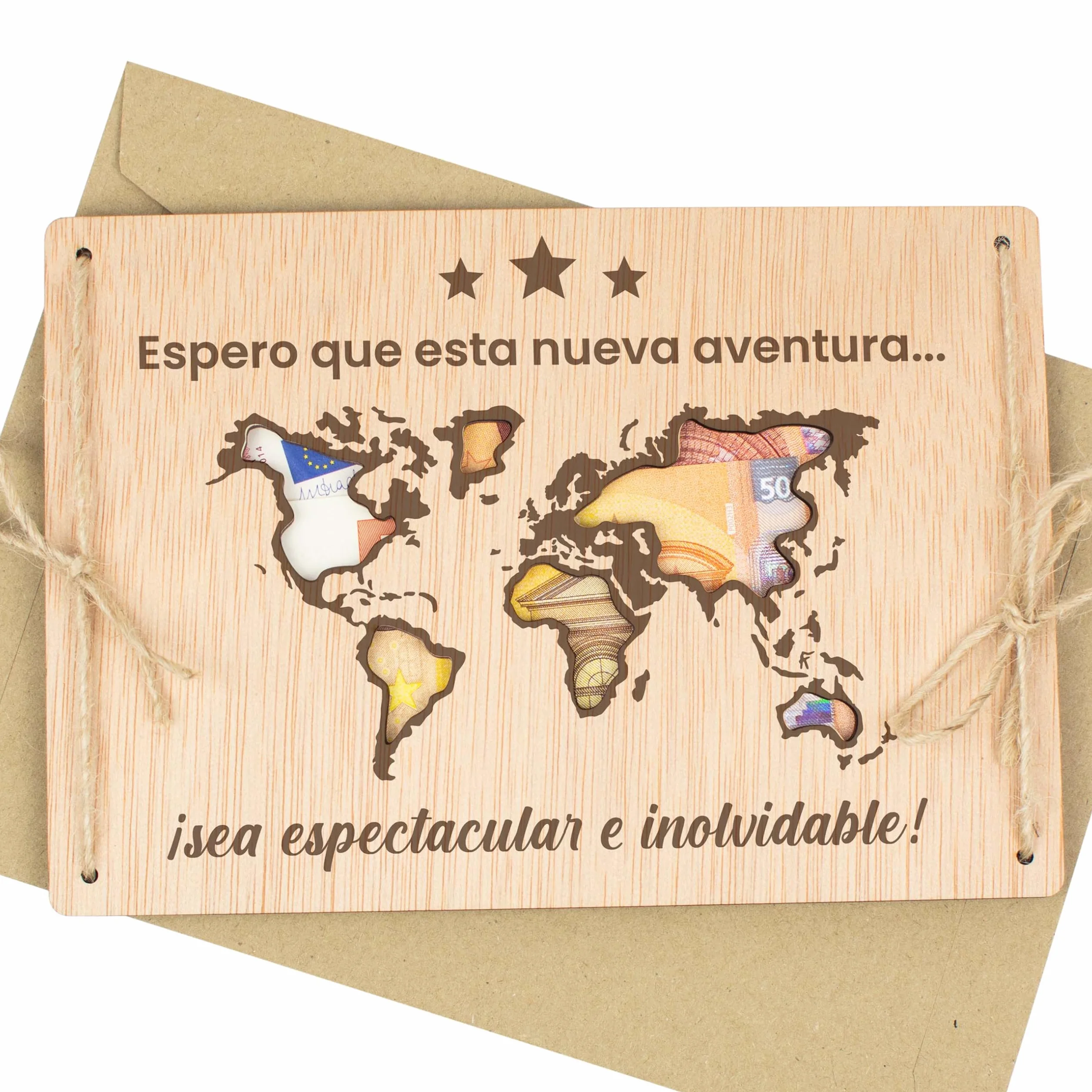 CONTRAXT Tarjeta de Madera para Fondo de Viaje Regalo Original Vacaciones Aventuras Soporte Creativo Regalar Dinero