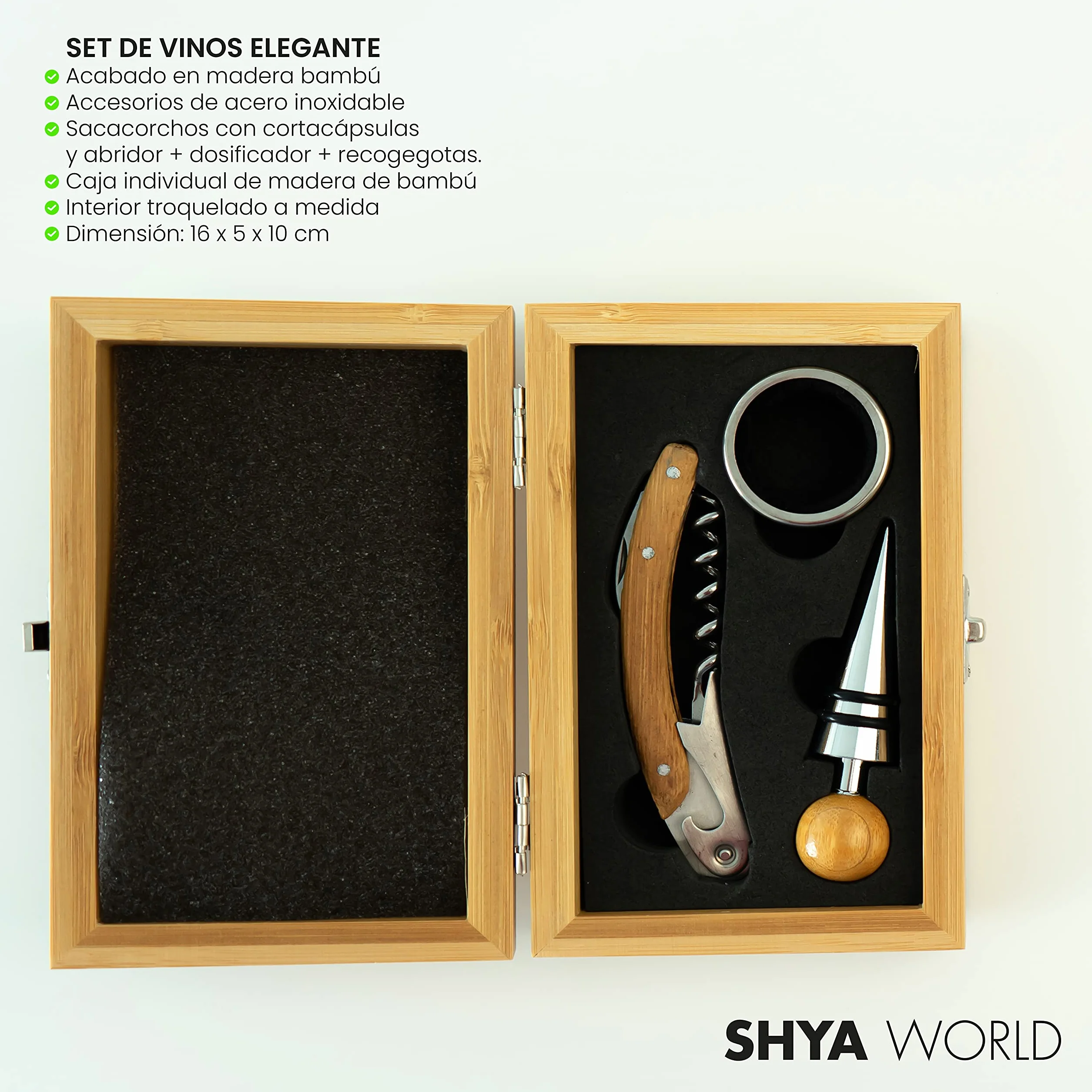 Set de Vinos Accesorios para regalar. Estuche de Regalo elegante con acabado de Material Natural Eco. (Set Madera Bambú)