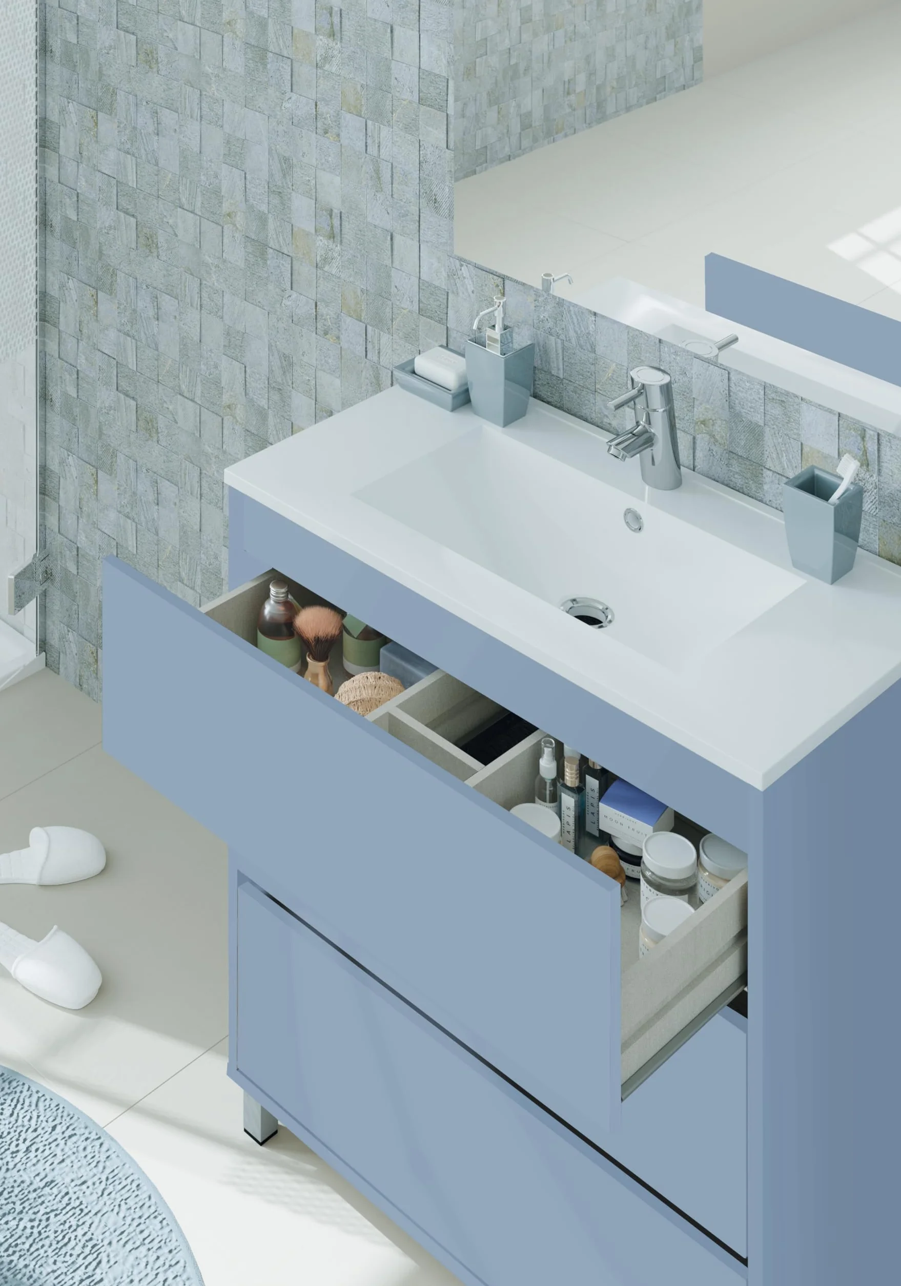 MUEBLES PITARCH | Conjunto Mueble de Baño con Lavabo cerámico y Espejo Incluido, Azul, 3 Cajones, 80cm, Ancho con Patas, Roble Cambrian, para Lavabo encastrado, Estilo Moderno Modelo Kalma