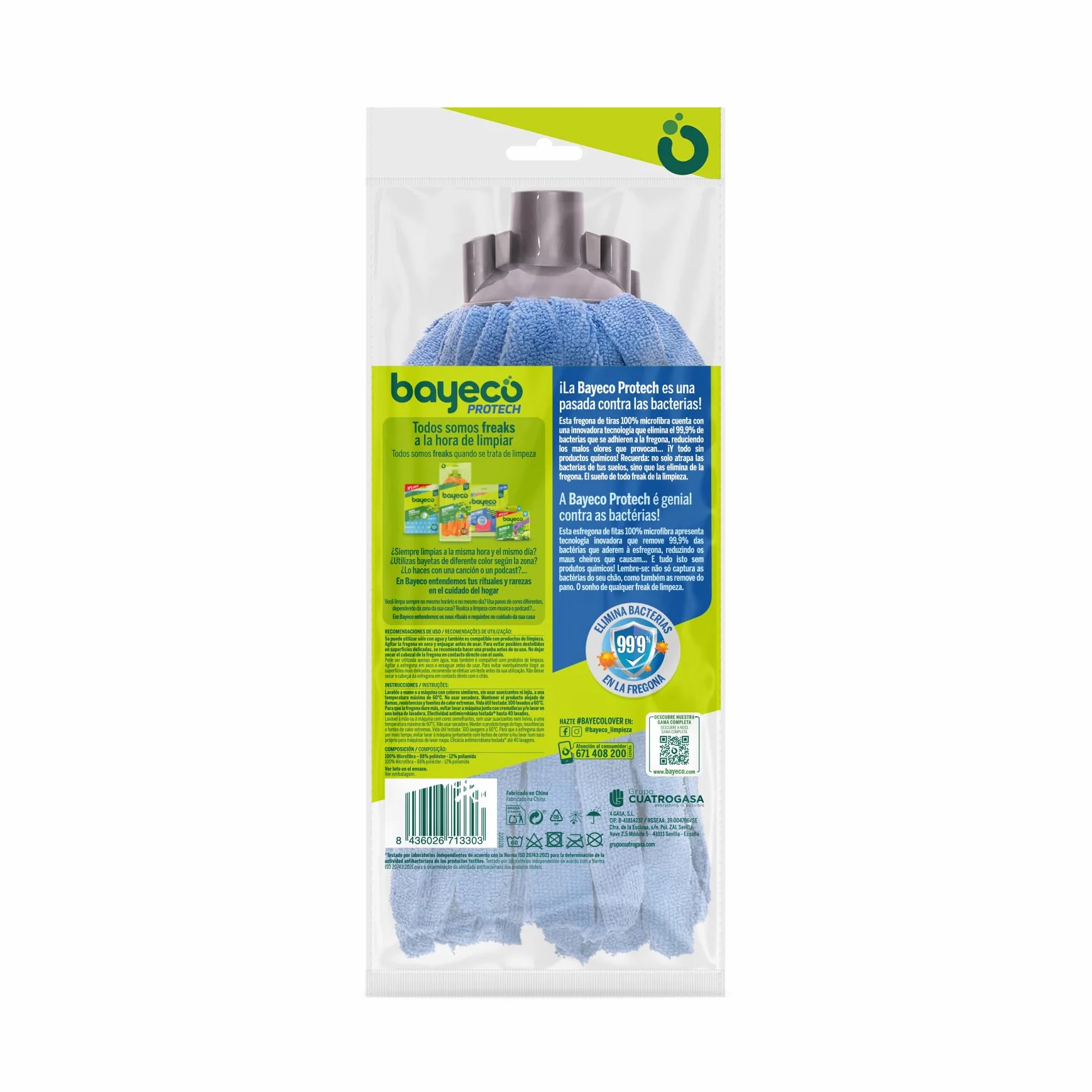 Bayeco - Copptech Antibacterias Suelos Protegidos - Fregona de Tiras 100% Microfibras - Elimina el 99,9% de bacterias y hongos en la fregona - Gran capacidad de absorción - 1 unidad