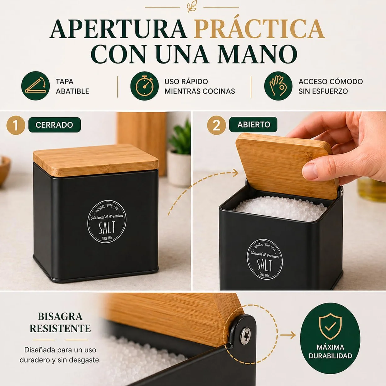 Salero de Cocina con Tapa de Bambú 11x14x11 cm Estructura Metálica Tapa Abatible Negro