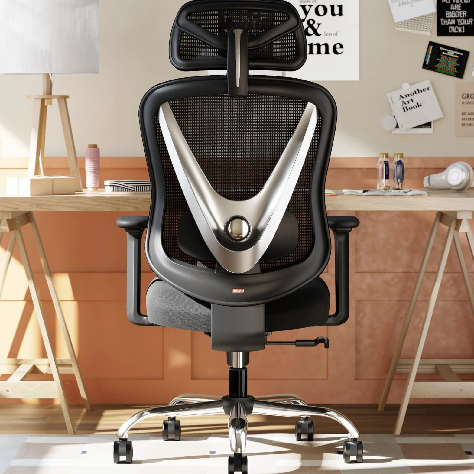 Silla de Oficina Ergonómica HOLLUDLE con Soporte Lumbar 3D y Reposabrazos Ajustables, Negra