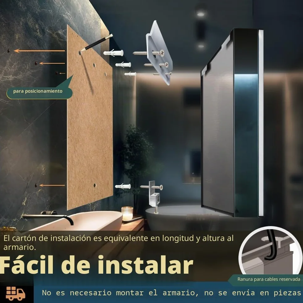 KWW LED Botiquín Baño Espejo Temperatura Color Ajustable Luz Antiniebla Enchufe USB Montado Pared 55x70