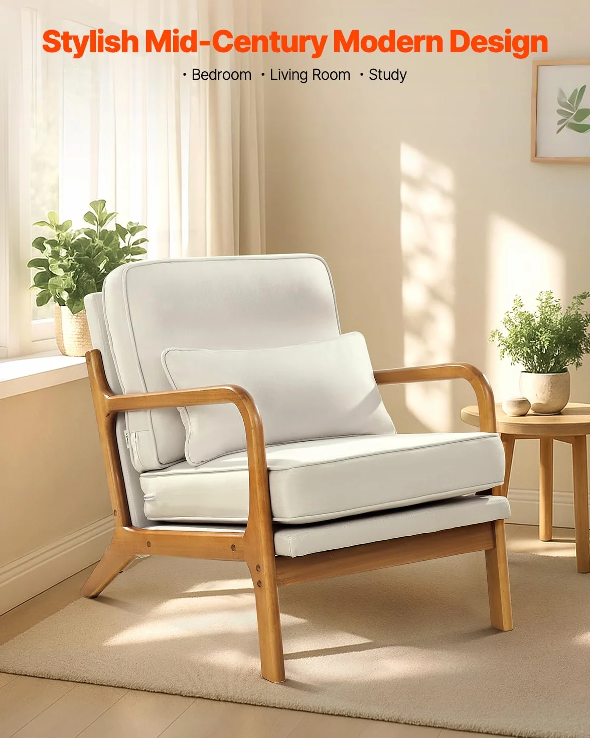 VEVOR Sillón de Estilo Moderno de Mediados de Siglo con Estructura de Madera Maciza y Patas Antideslizantes, Tapizado en Tela de Lino y Cojín Grueso de 14,5 cm para Salón, Dormitorio y Oficina