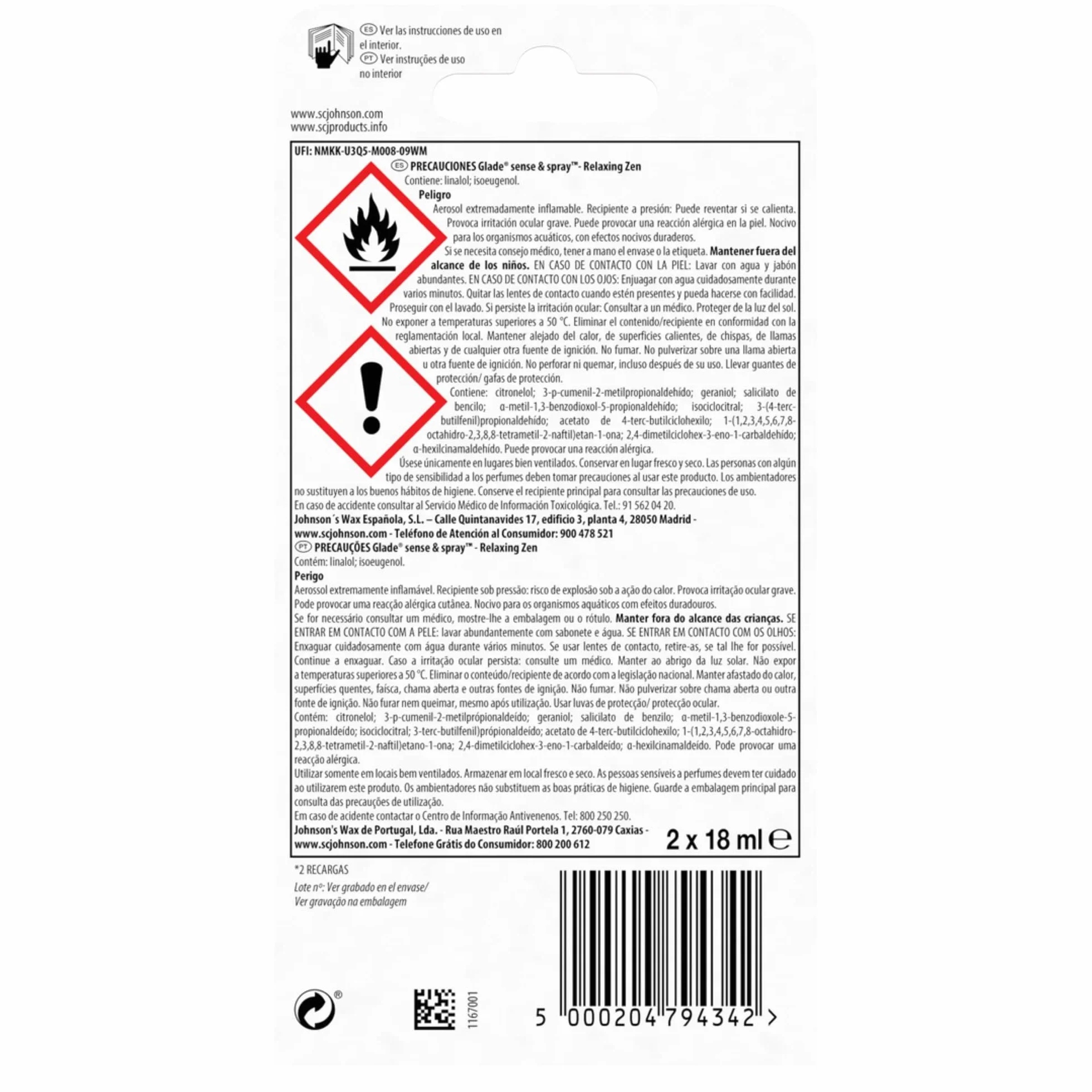 Glade Ambientador Autómatico Sense & Spray Relaxing Zen, Sensor de Movimiento, 120 Días, Aceites Esenciales, Pack 2 Recambios