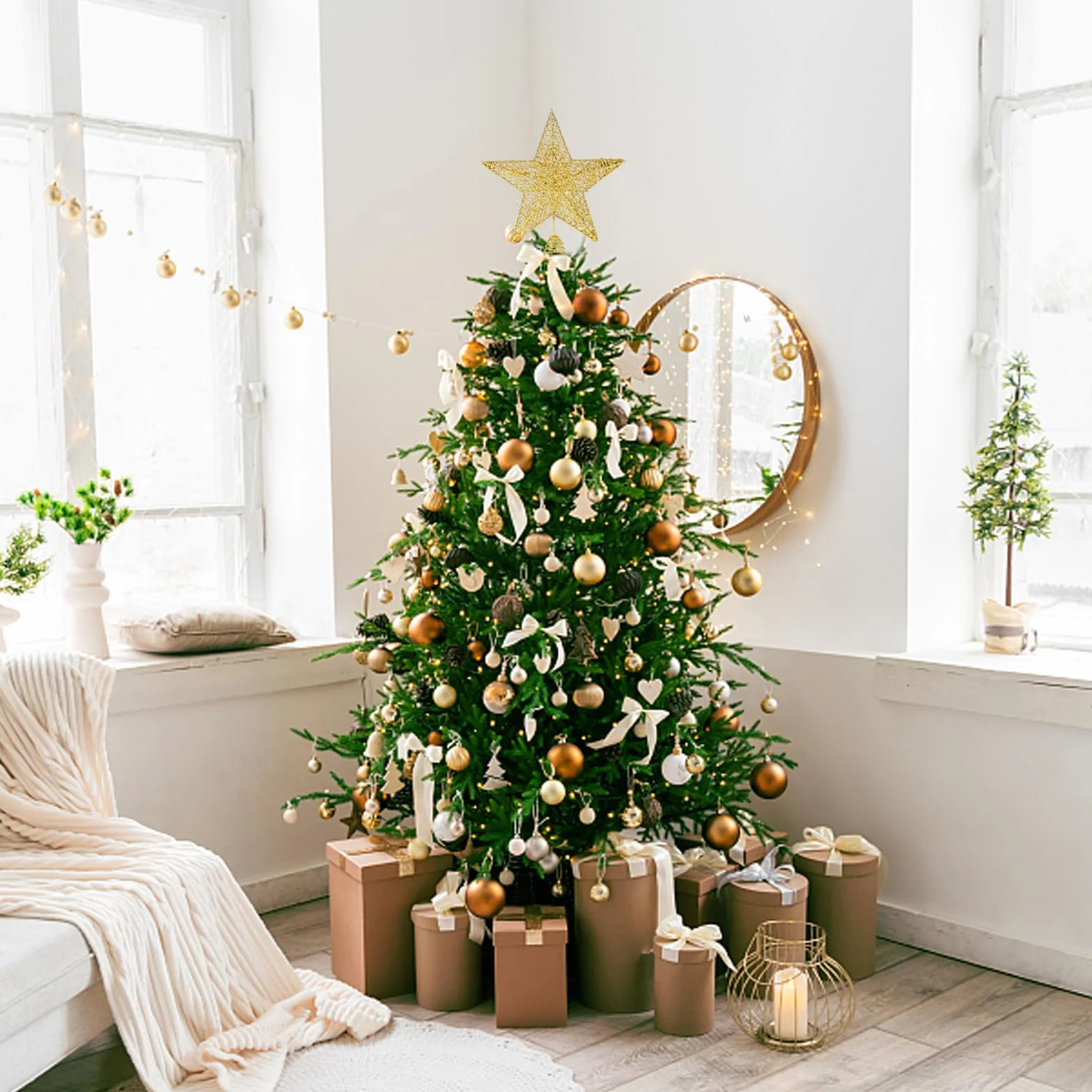 Estrella para árbol de Navidad Decoración de Fiesta de Navidad, Topper de árbol de Navidad Dorado, Estrella Árbol de Navidad Topper, Adornos Navideños para Arbol