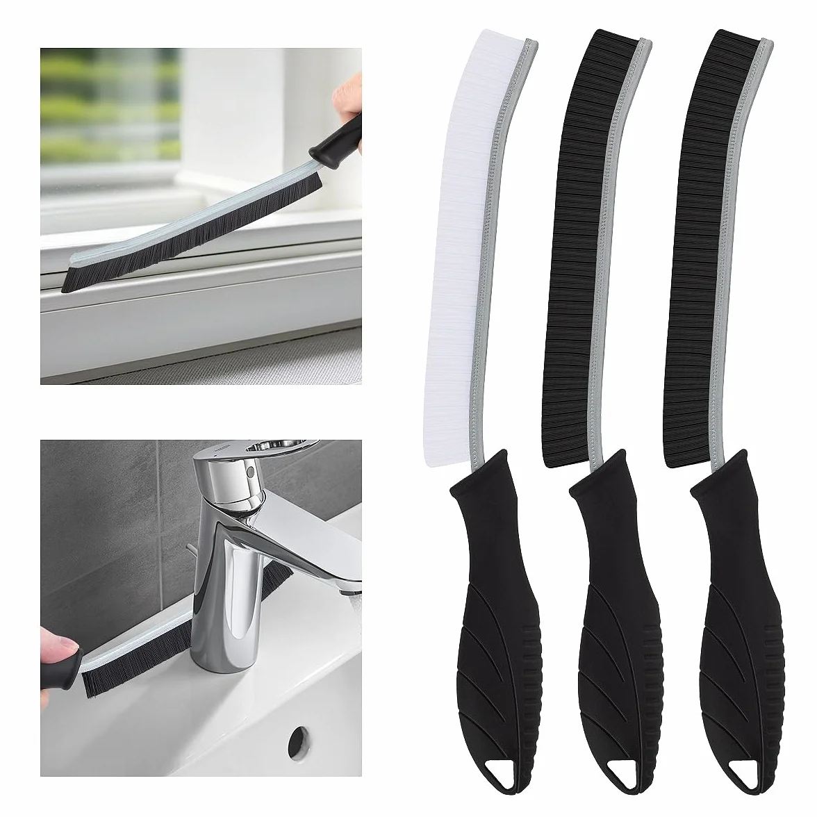 TQRR Cepillo de Cerdas Duras para Limpieza de Grietas, Cepillo para Lechada, Herramientas de Limpieza para Inodoro, Baño, Hogar, Bañera, Fregadero, Hogar, Ventana (3, Negro)