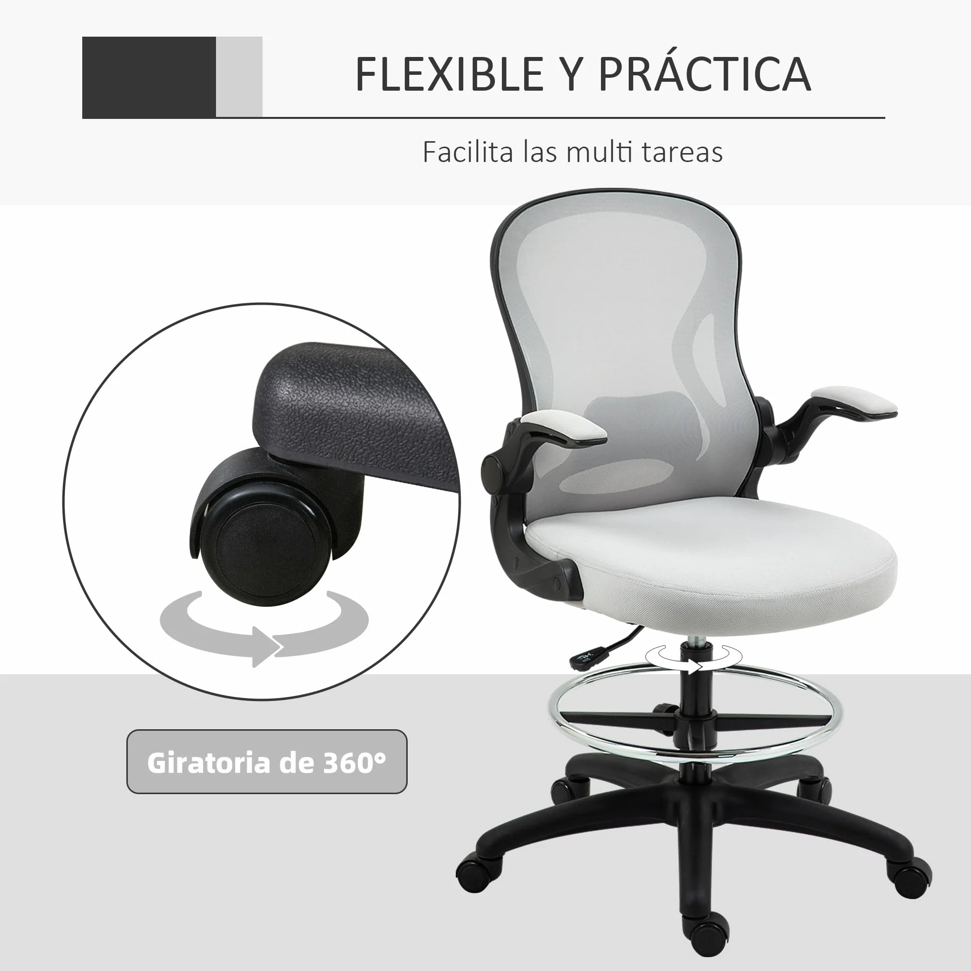 Vinsetto Silla de Dibujo Giratoria Silla de Escritorio Alta con Respaldo Medio Soporte Lumbar Reposabrazos Abatibles Altura Ajustable Carga 120 kg 59x65x102-122 cm Gris Claro