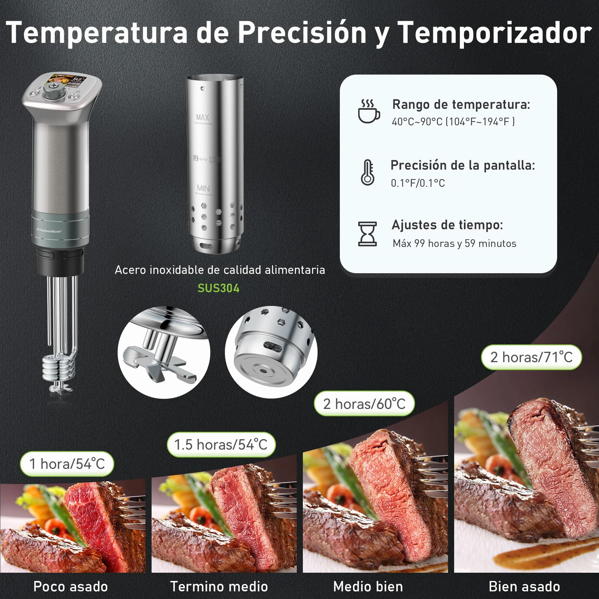 KitchenBoss Sous Vide Roner WIFI: Roner Cocina Baja Temperatura,Inmersión a Prueba de Agua IPX7 Circuladores Control de APP y Temperatura de Precisión TFT táctil Muy tranquilo 40℃-90℃ 1100W