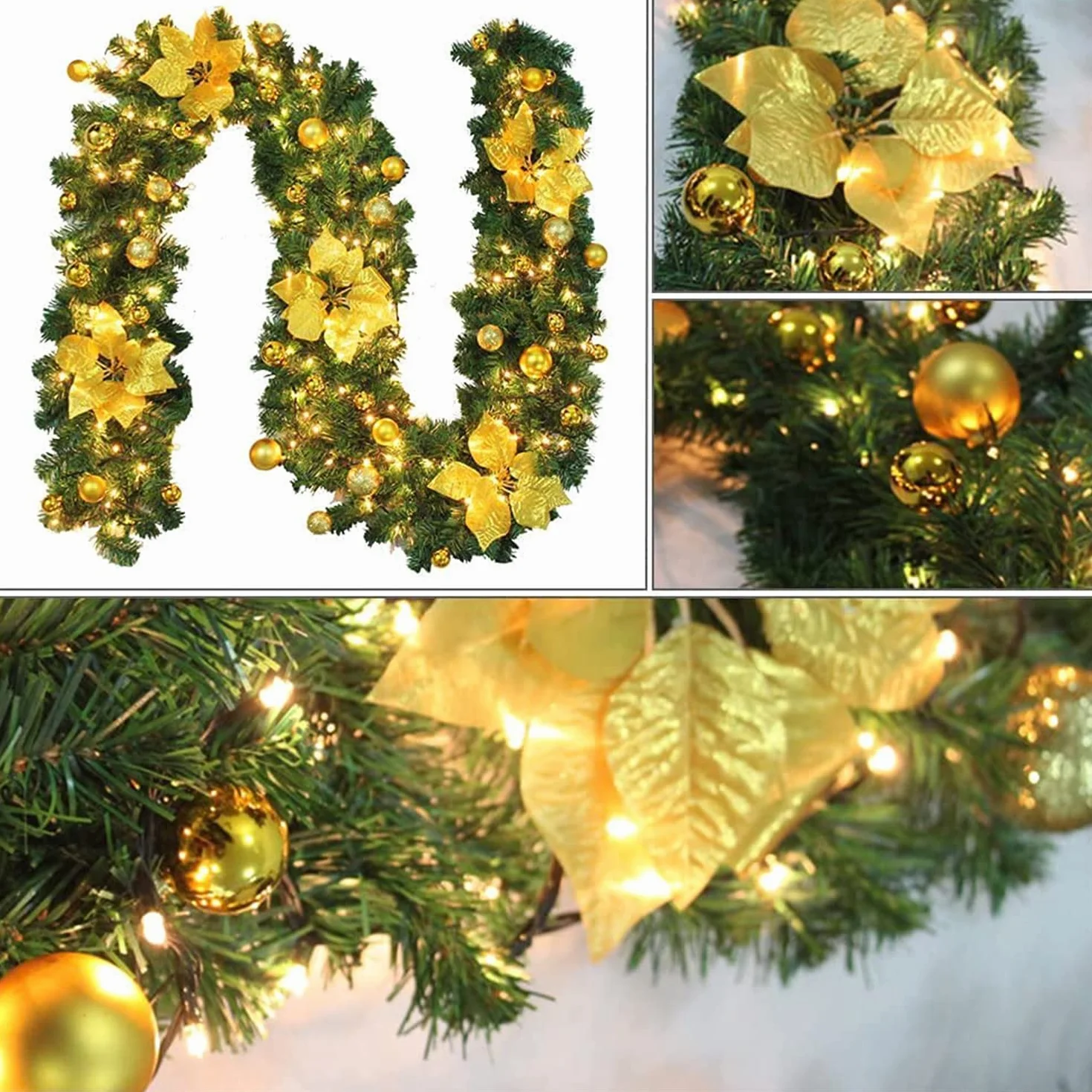 Guirnalda de Navidad con luces LED, 2,7 m (2,7 m), corona de Navidad de ratán artificial, guirnalda colgante para puerta delantera, guirnalda para colgar en la puerta delantera, para chimeneas