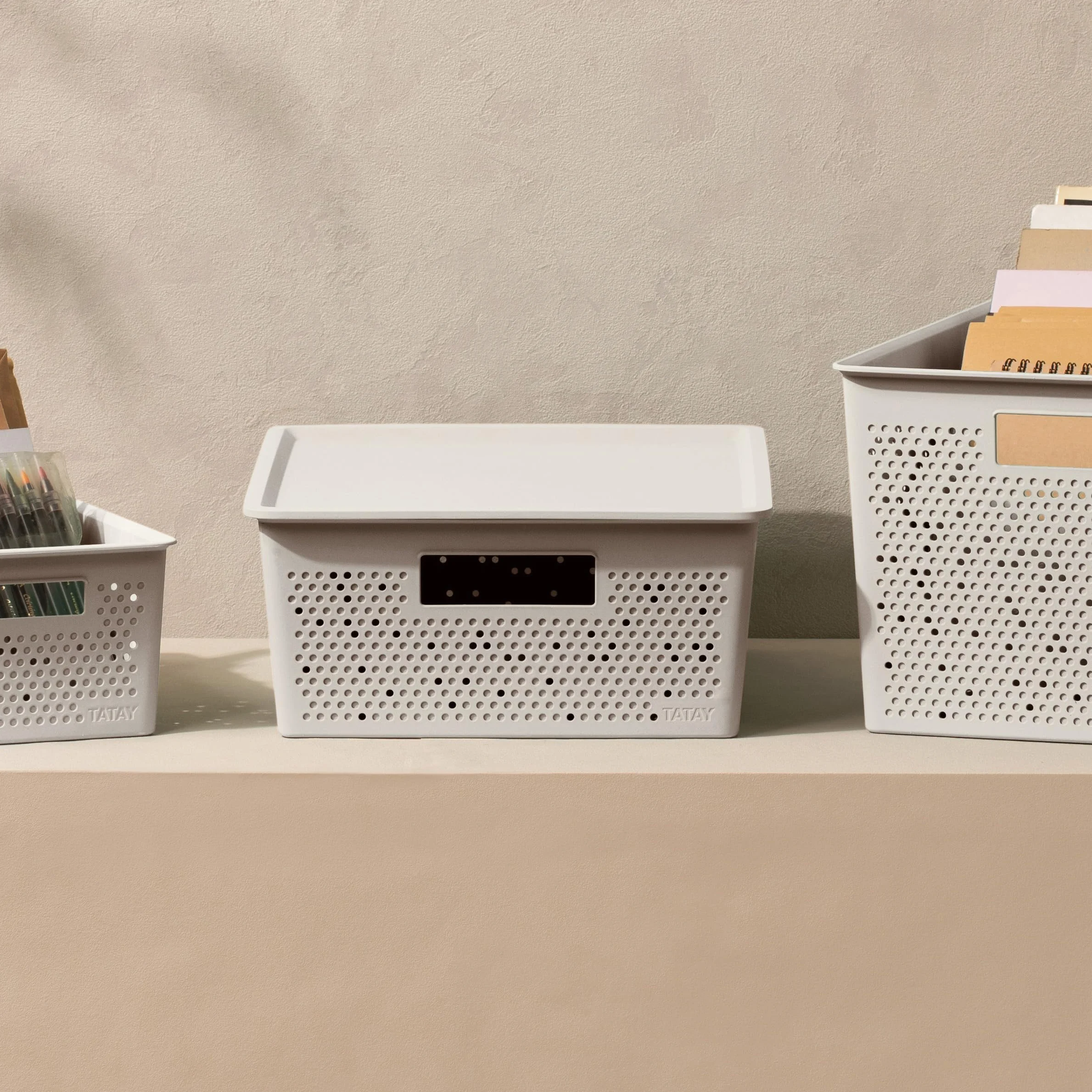 Tatay Cesta Almacenaje Plastico 12 L Bohol | Caja Organizadora con Tapa | Ventilación Óptima | Sistema Modular Apilable | Asas Integradas | Plástico Reciclado Libre BPA | 30x39x13,5 cm, Blanco