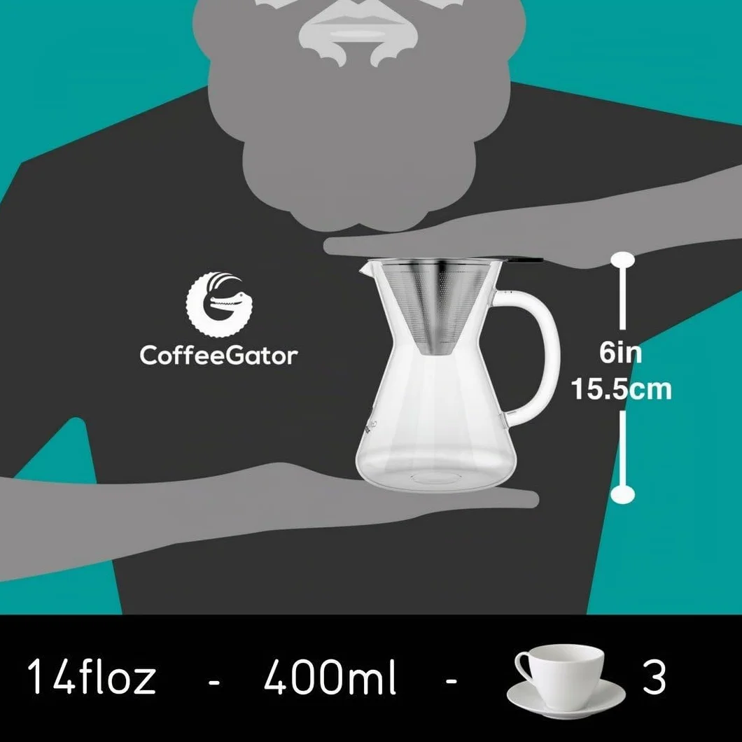 Coffee Gator Cafetera de goteo Pour Over manual con filtro de café permanente de acero inoxidable y jarra. (400ml)