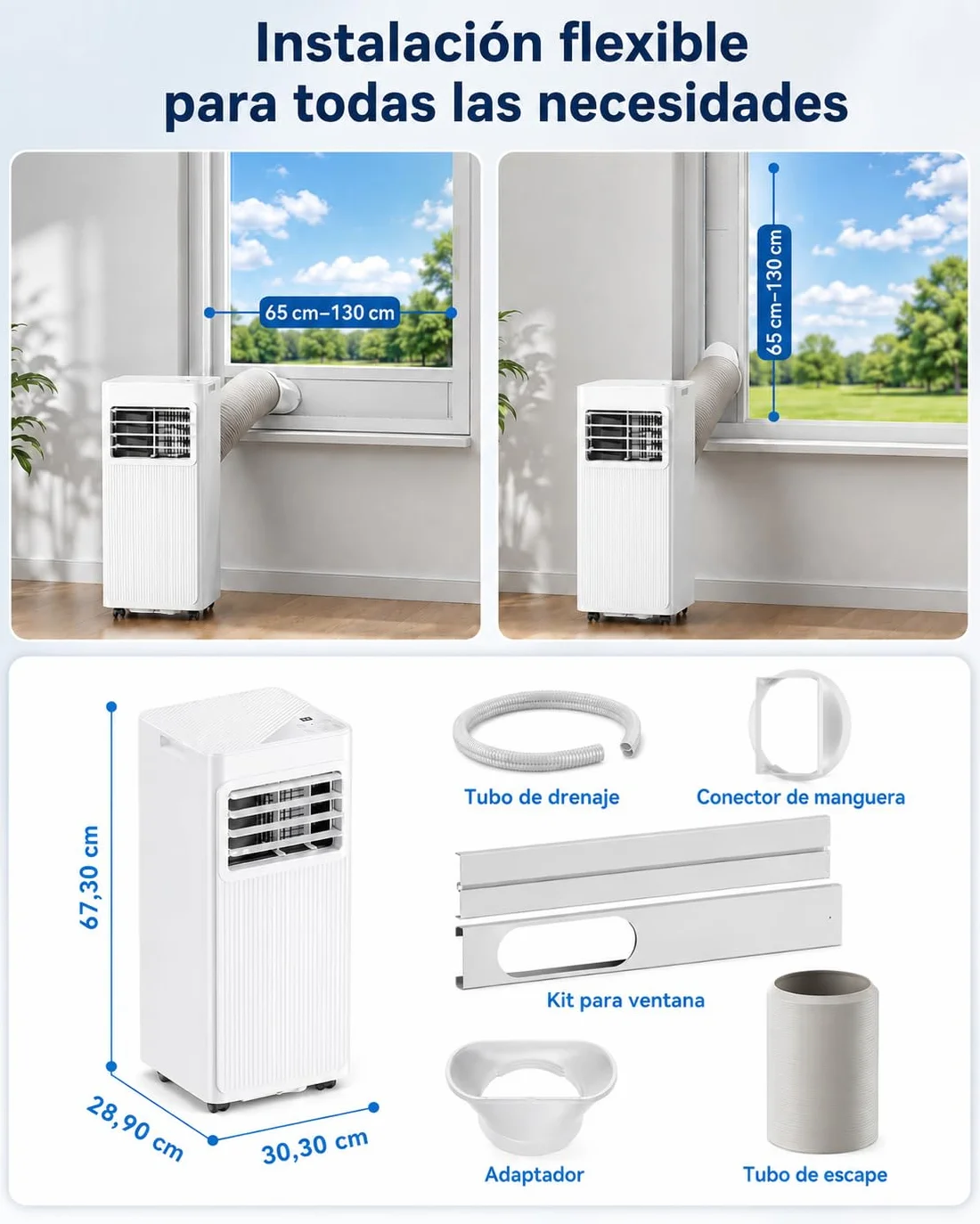 Aire Acondicionado Portátil 7000 BTU, Climatizador 4 en 1 (Frío, Ventilador, Deshumidificador 19L/D, Noche), Bajo Consumo, Silencioso, Temporizador 24H, Mando, Kit de Ventana Incluido, Blanco