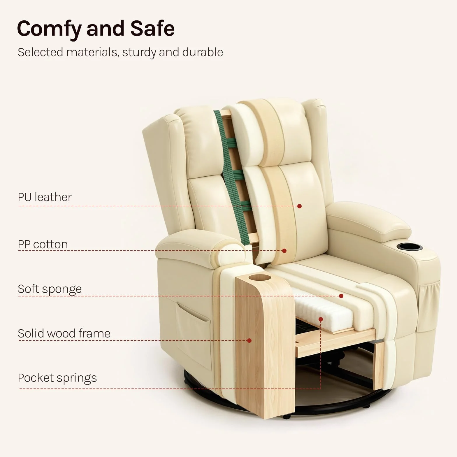 WOLTU Sillón Relax Reclinable, Sofa Individual Giratorio 360° de Función Balanceo y Respaldo Ajustable, con Reposapiés, Bolsas Laterales y Portavasos, Carga 150 kg, Tapizado en PU, Beige