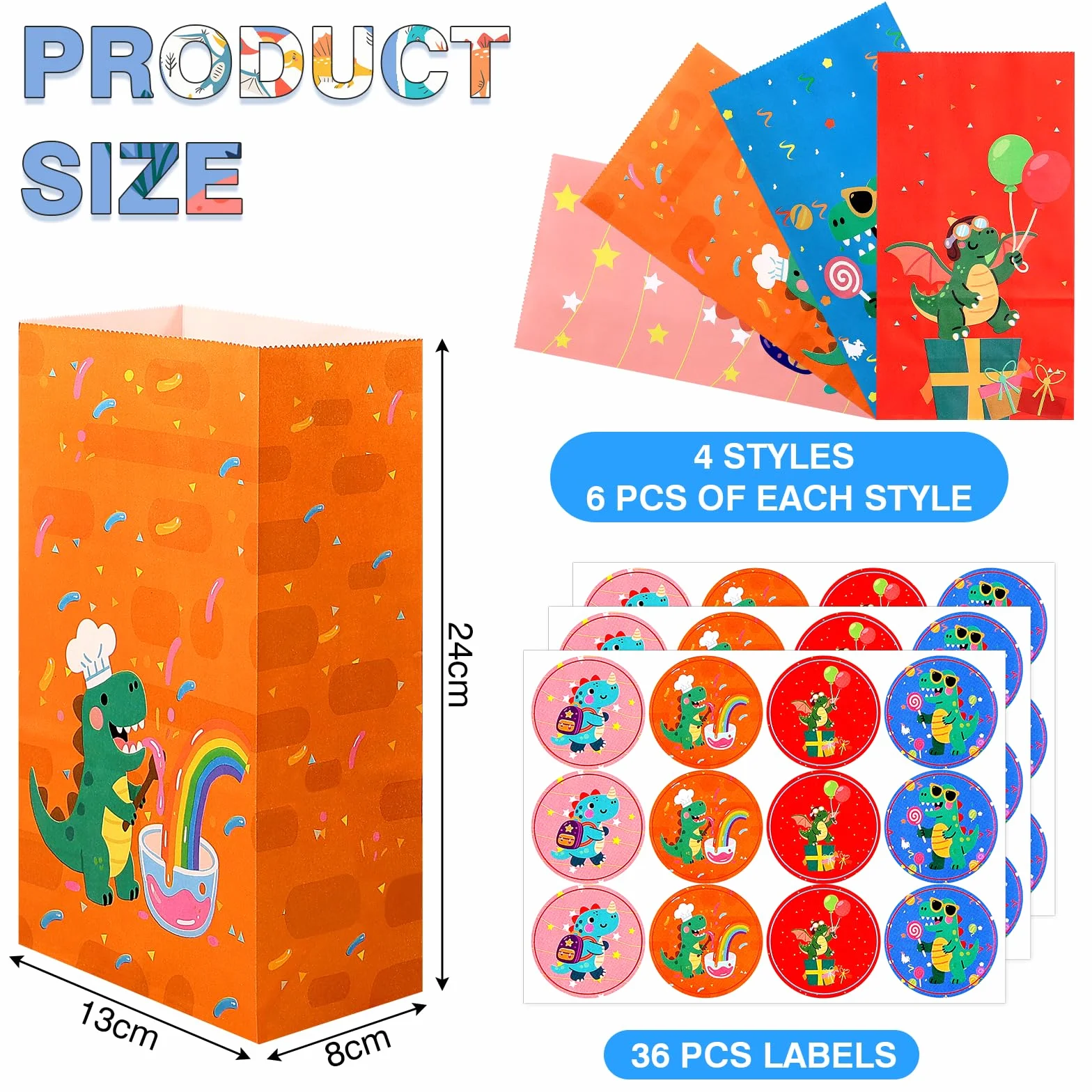 DESPOINA 24 Bolsas de Papel con Diseño Dinosaurios y 36 Pegatinas, Bolsas Cumpleaños Infantil, Bolsitas Cumpleaños Infantiles, Bolsas Regalo Cumpleaños Infantil, Embalaje de Regalos, 24x13x8 cm (B)