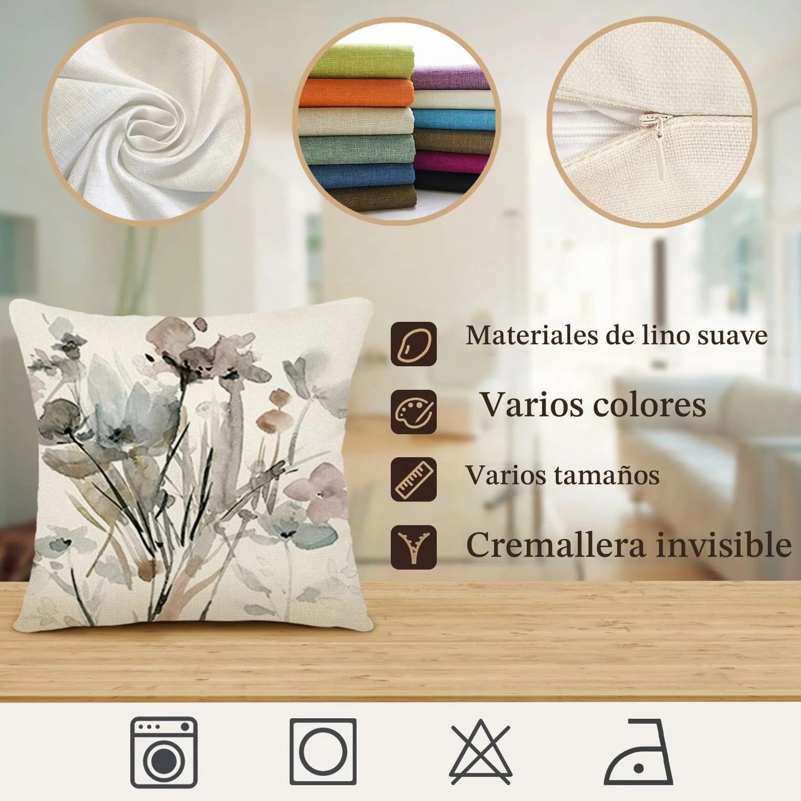 Juego de 4 Fundas Cojines Lino 45x45 para Sofá con Pintura Floral Dormitorio Exteriores