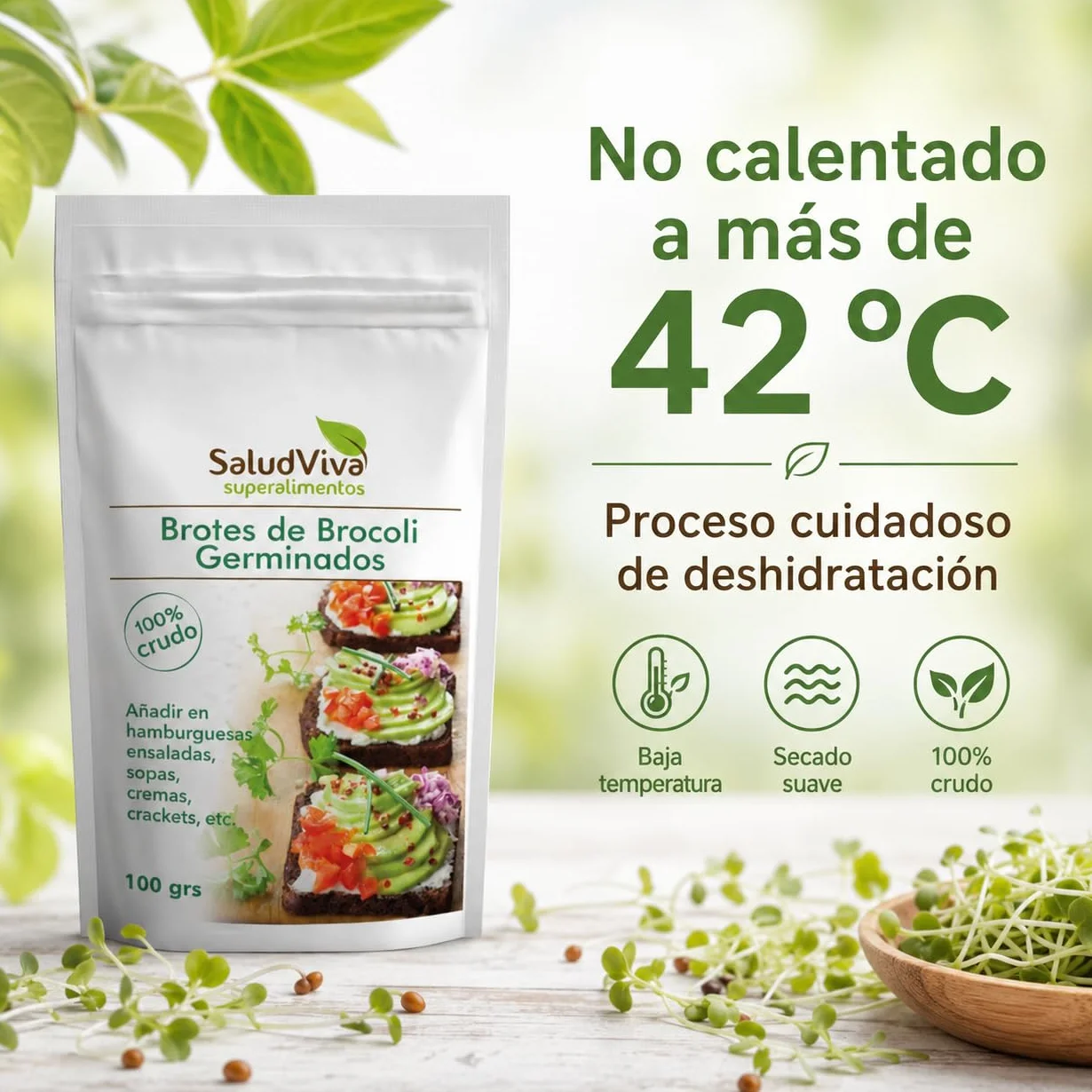 Salud Viva Brócoli Germinado Deshidratado Eco 100 g brotes de brócoli germinados alto en fibra fuente de proteínas