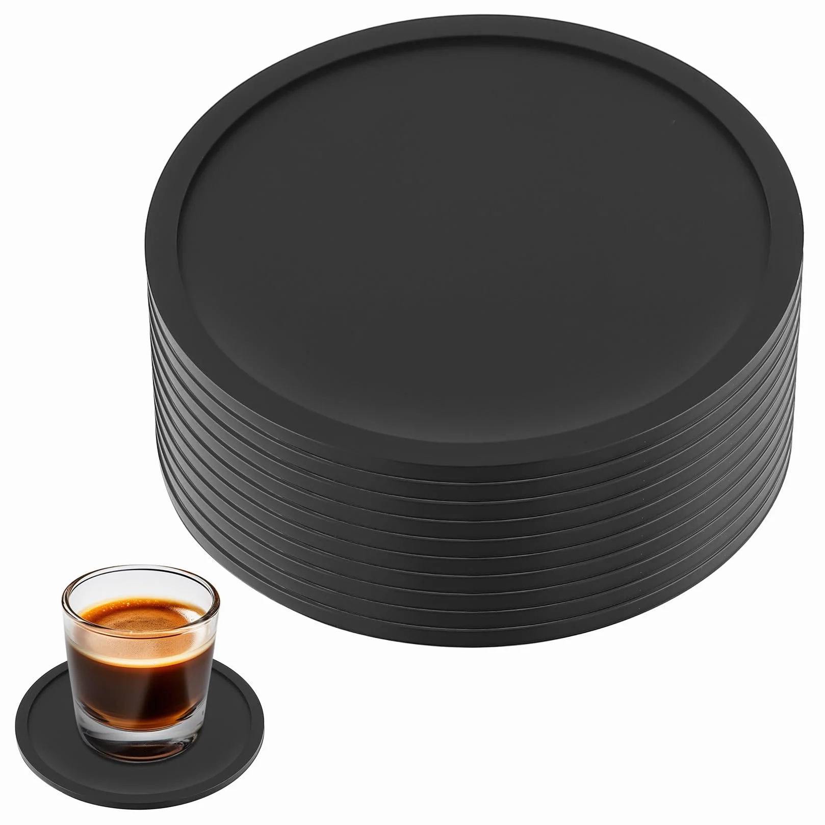 Posavasos Silicona Antideslizantes 10cm, 10 Piezas para Mesa Cerveza Copas Vino Bar Casa Negro