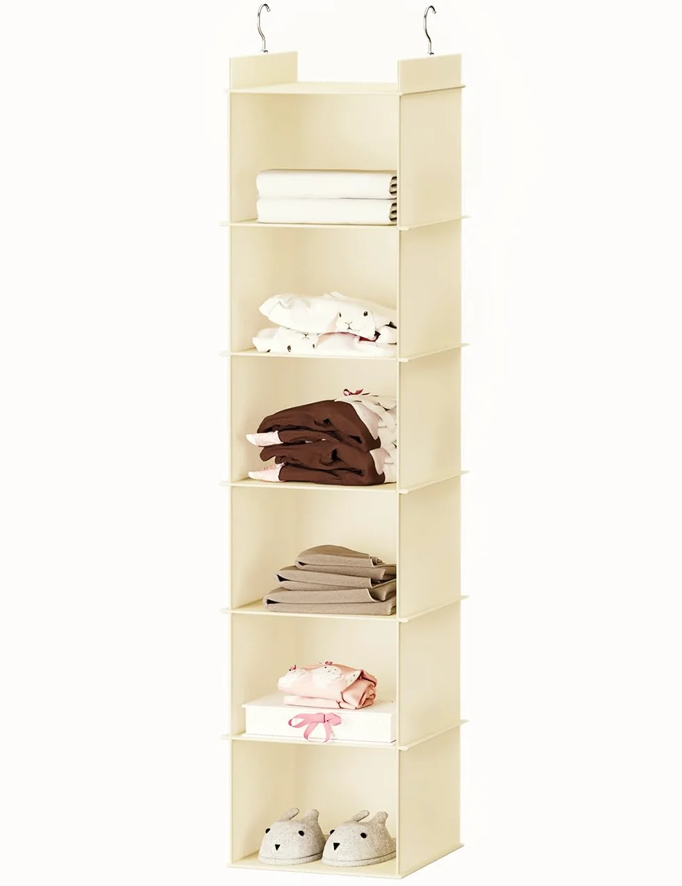 YOUDENOVA Oxford Organizador colgante 6 estantes ganchos metal duraderos armario bambú plegable beige