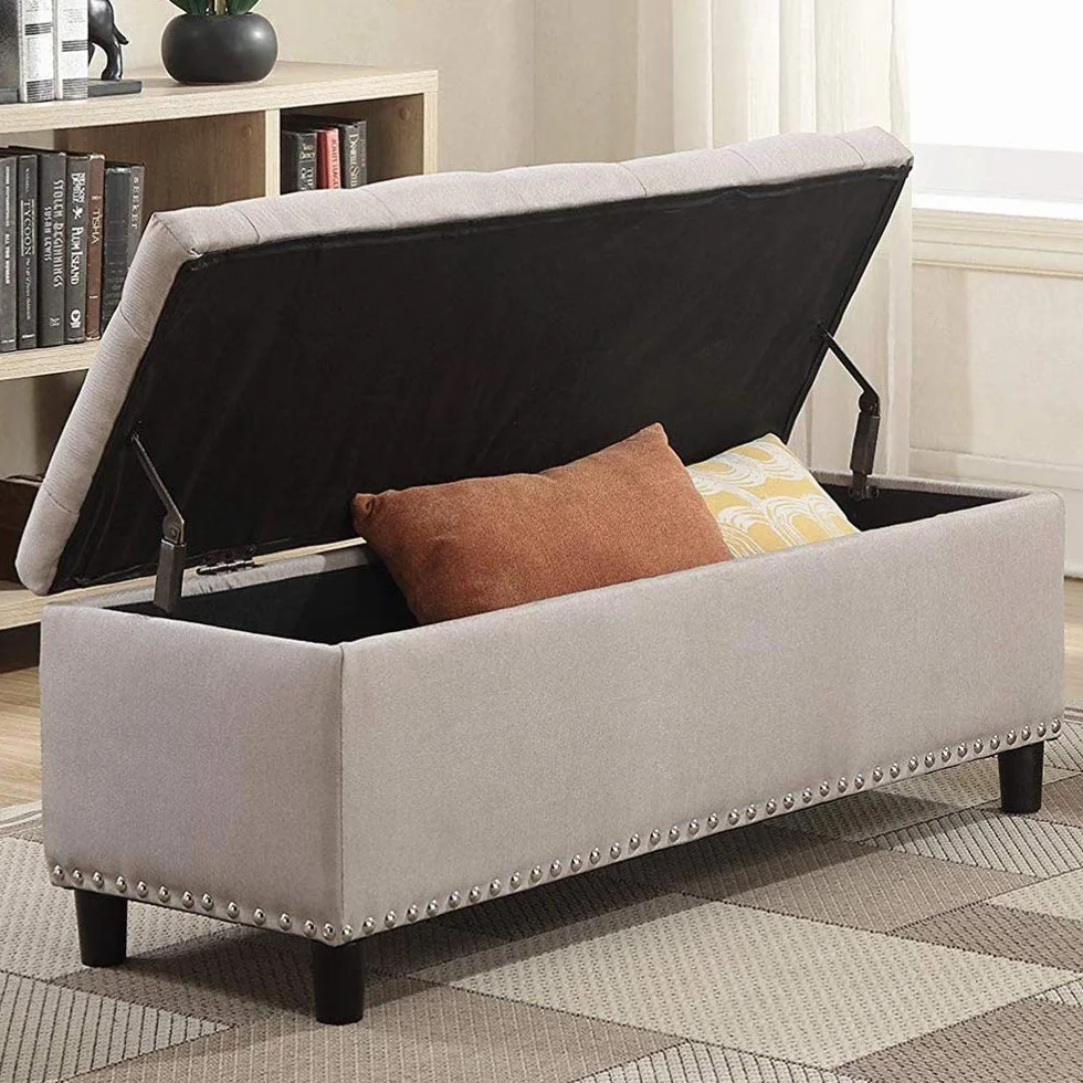 Bakaji - Baúl de almacenaje con reposapiés para Dormitorio, Banco con Estructura de Madera y Revestimiento de Tela, Asiento abatible Acolchado, Color Beige, Dimensiones: 121 x 42 x 43 cm.