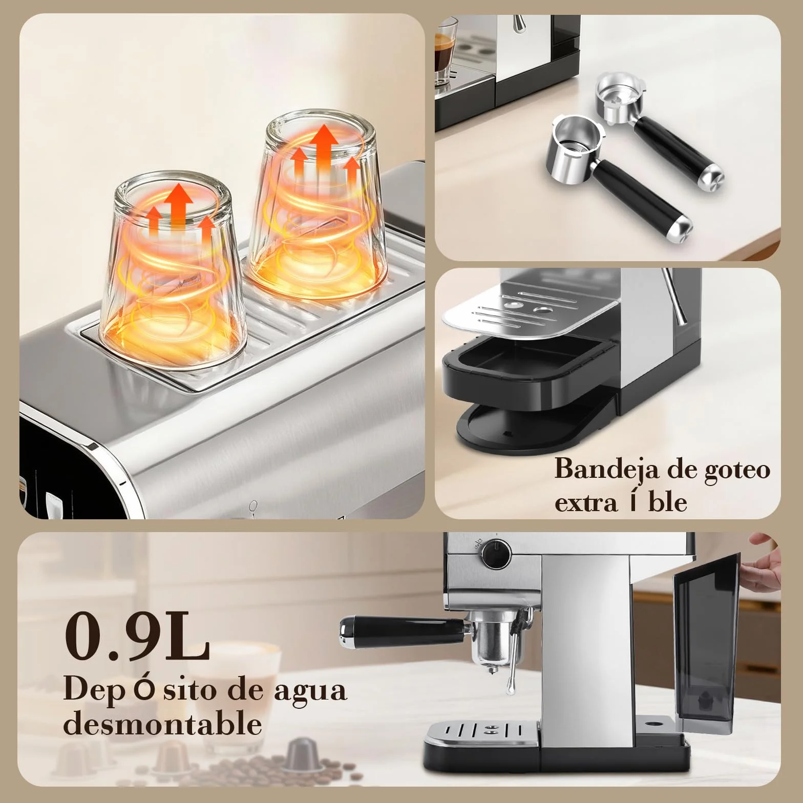 Aigostar Barista - Cafetera Espresso y Capuccino, Compatible con cápsulas y café molido, 20 Bares, Panel Táctil Digital, 1 o 2 tazas, Máquina de café con espumador de leche, 0.9L, 1350W, Inox