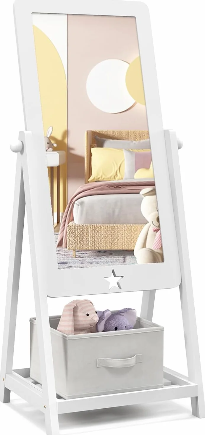 GOPLUS Espejo de Cuerpo Entero para Niños con Ángulo Ajustable, Estante de Almacenamiento y Contenedor de Tela, Pie para Dormitorio Infantil