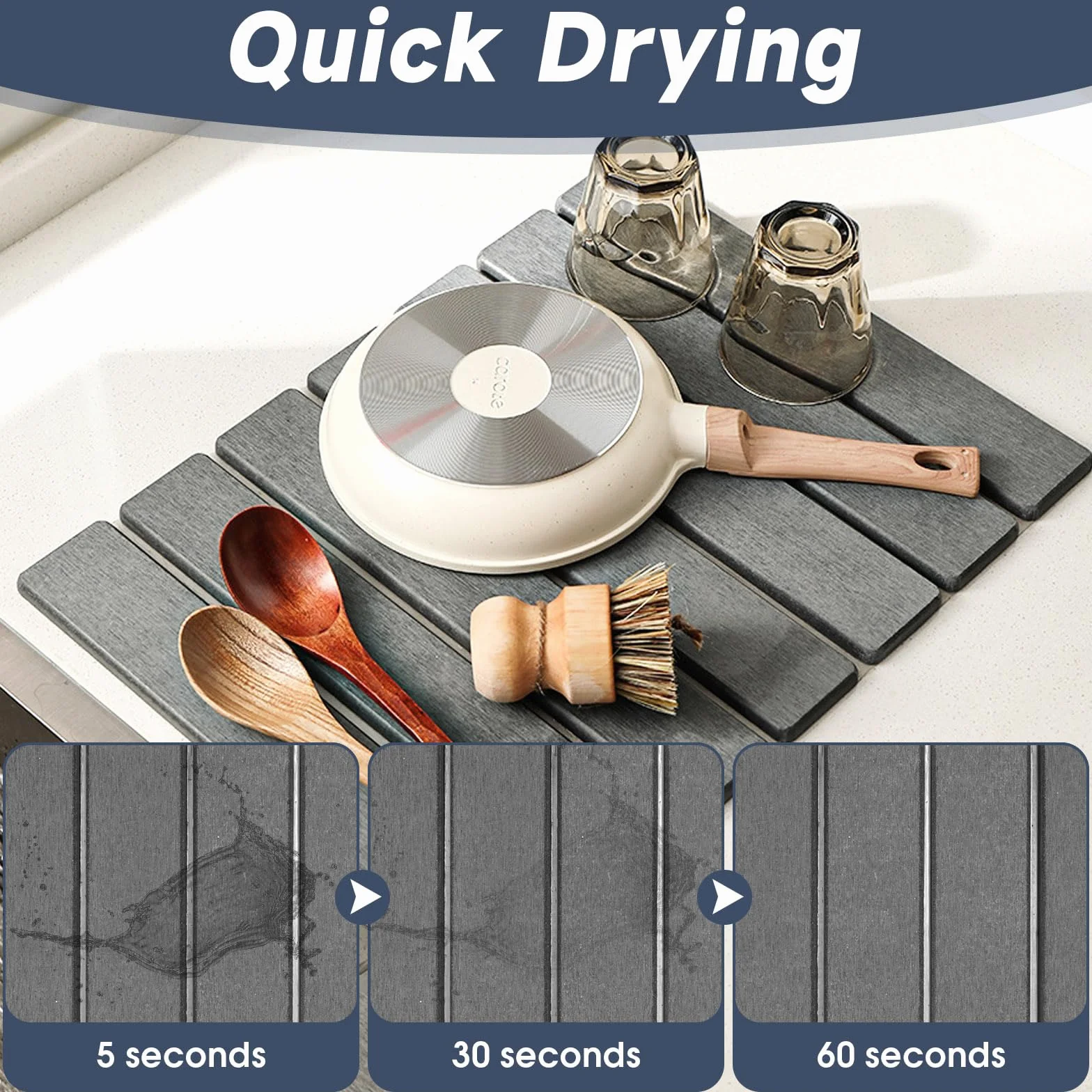 Mumjooyi Alfombrilla Escurreplatos de Diatomita Absorbente de Agua para Cocina Alfombrilla Fregadero Cocina Plegable Plegable Secado Rápido para Vajilla Tazas Cubiertos Gris Oscuro (Gris, 40*30CM)
