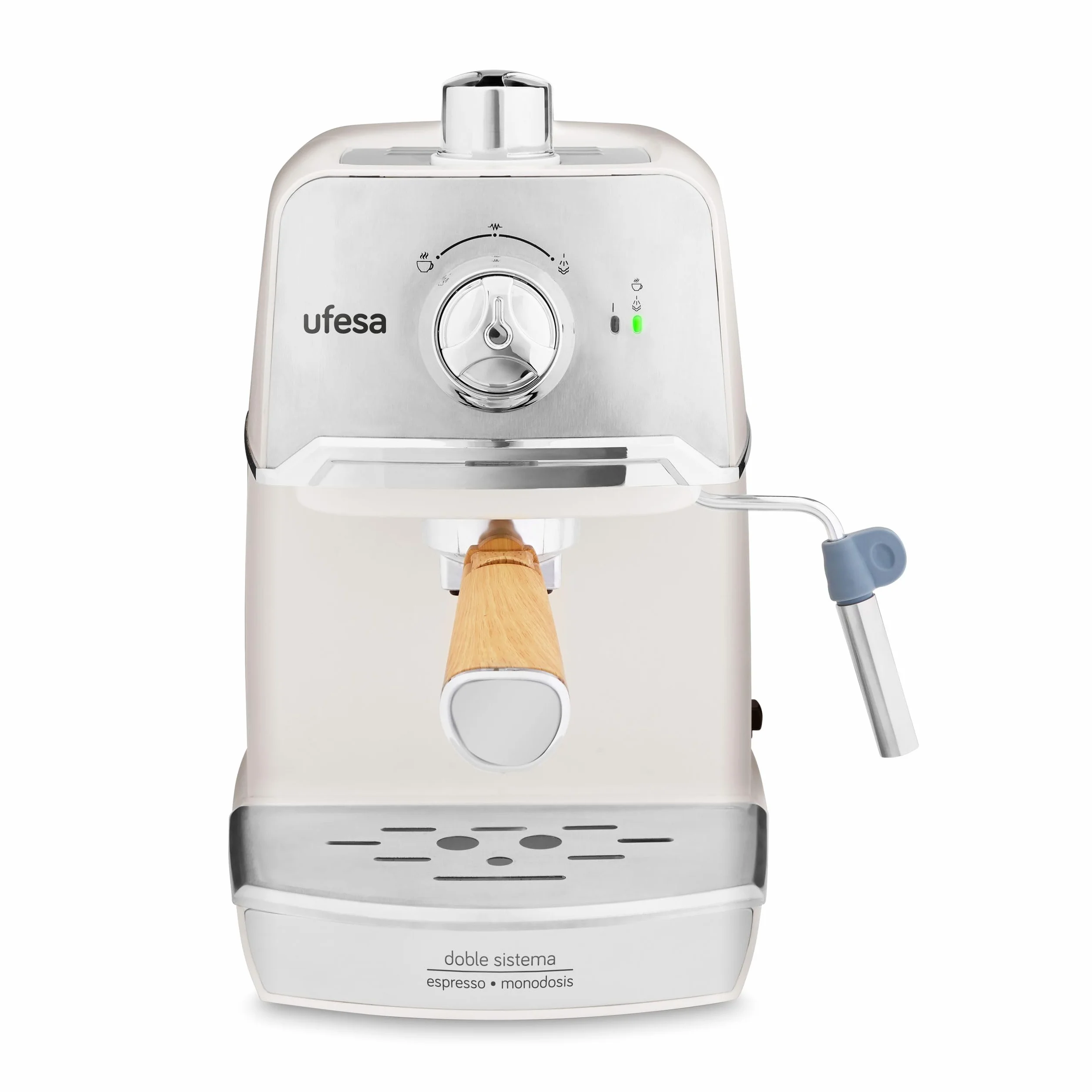 Ufesa CE7238 Cream Cafetera Expresso y Capuccino, Vaporizador Orientable, 20 Bares, 2 Modos: Café Molido o Monodosis, Depósito 1.2L, Función Calienta Tazas, 850W, Cream