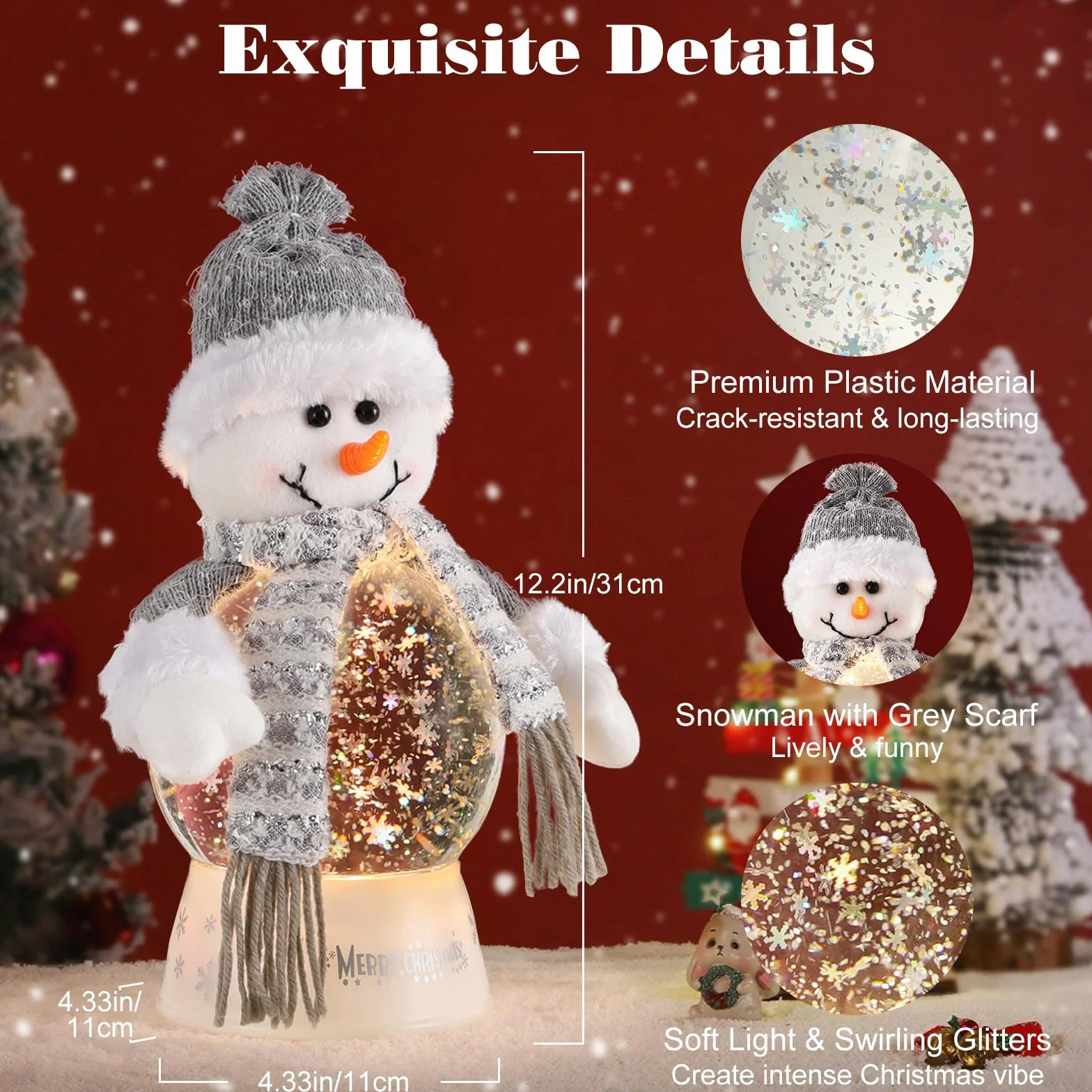 Lewondr Globo de Cristal Nieve Navideño, Hombre de Nieve con Bufanda Gris, Spinning Glow y 8 Canciones, Caja Musical Árbol Navidad, Alimentado por la Batería Lámpara de Navidad