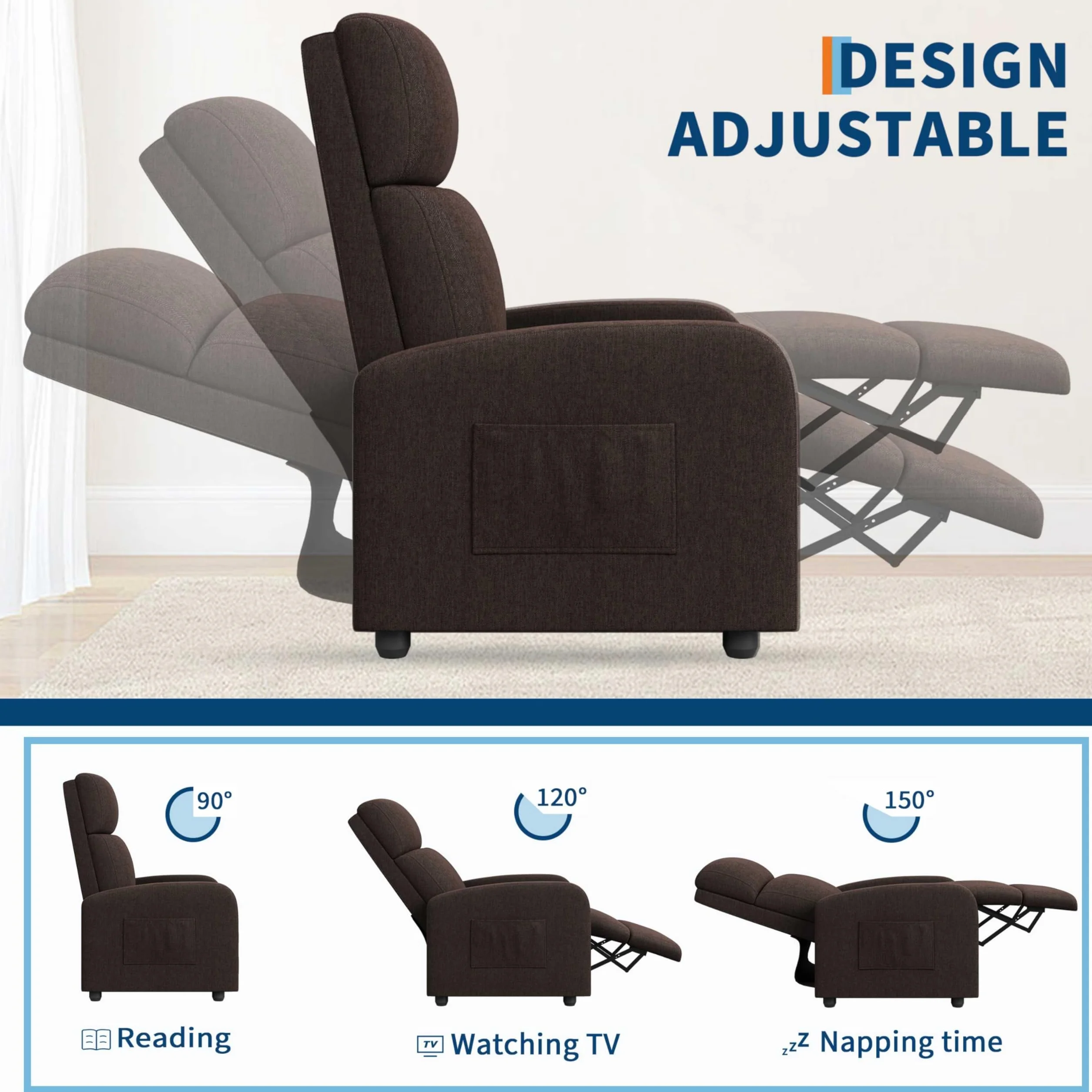 Sillón Relax Reclinable Compacto, Apertura Push Manual con Reposapiés, Posición Cero hasta 160º, Carga Máxima 136 kg, 49×72×101 cm, Marrón