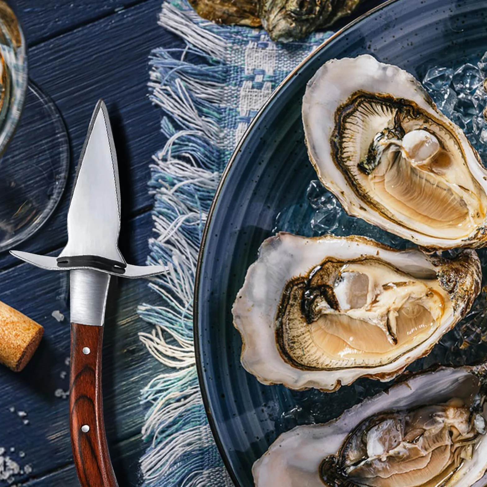 Abridor de Ostras, Cuchillo para Ostras, Ostras Shucker con Mango de Madera y Funda de Cuero, Abridor Herramientas para Almejas, Mariscos