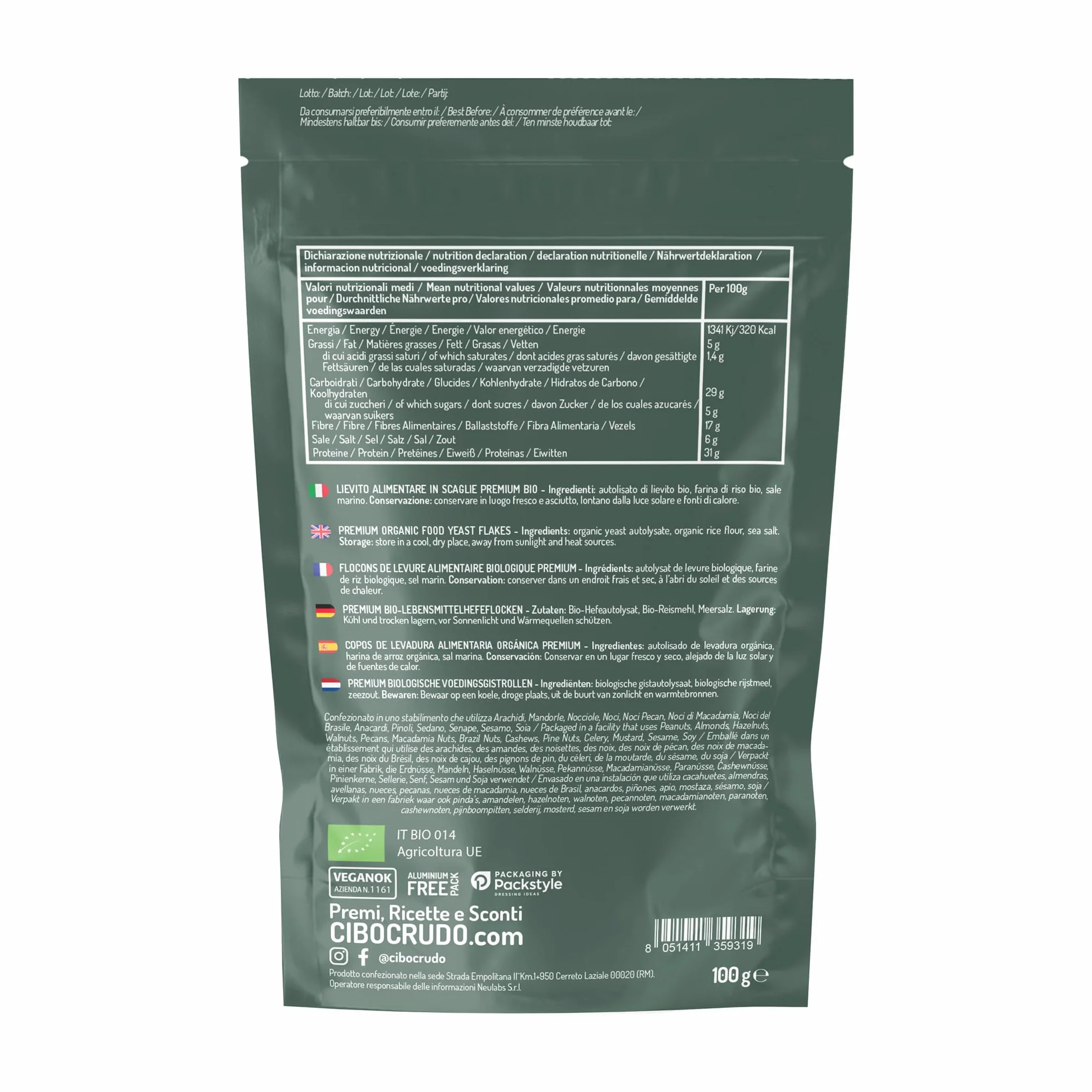 Levadura Nutricional Ecológica en Copos 100g Sin Gluten Lactosa Orgánica