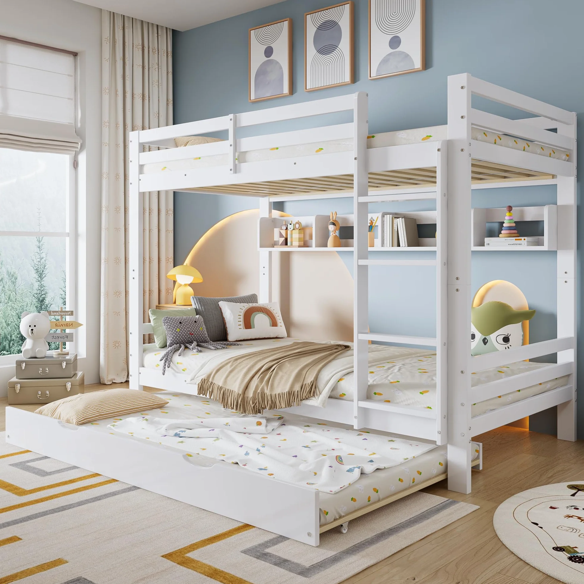 LAKFEW Litera Infantil 90x200 con Cama Nido 90x190 cm, Literas Cama Infantil con Protección Anticaída y Estante de Almacenaje, Camas Infantiles, Litera Triple Literas Infantiles, Blanco, Sin Colchón
