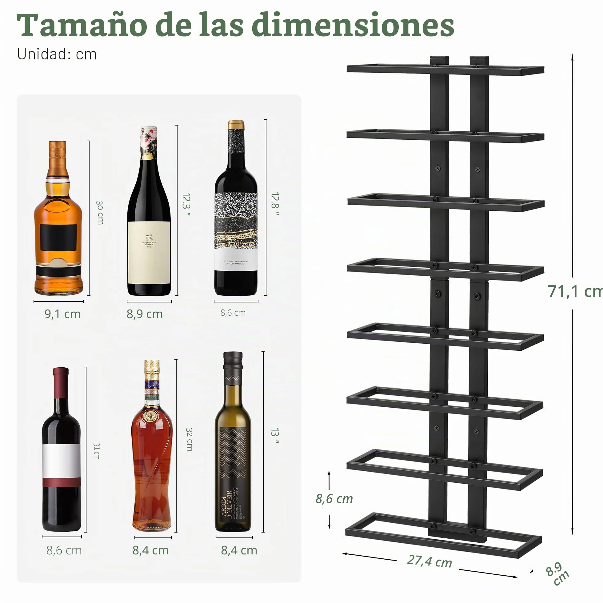 FAVOOSTY Botellero de Pared, Botellero Vertical, Estante para Botellas con 8 Niveles, 8 Botellas de Vino, Soporte para Botellas, Estante de Metal para Botellas de Vino, para Comedor, Bodega, Negro