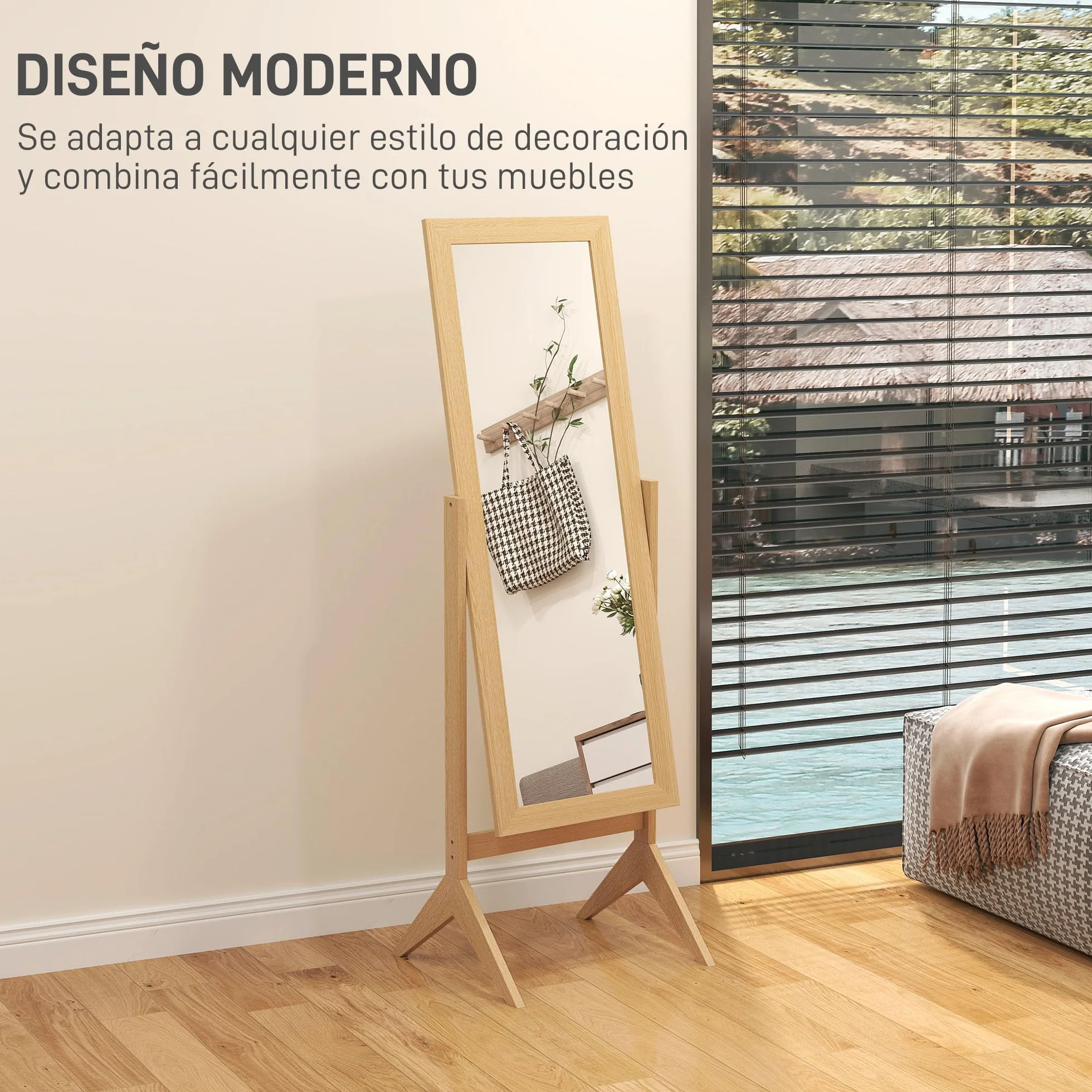 HOMCOM Espejo de Pie Cuerpo Entero Reclinable 47x46x148 cm, Espejo de Cuerpo Entero Independiente con Soporte y Marco Rectangular, para Dormitorio, Salón, Roble