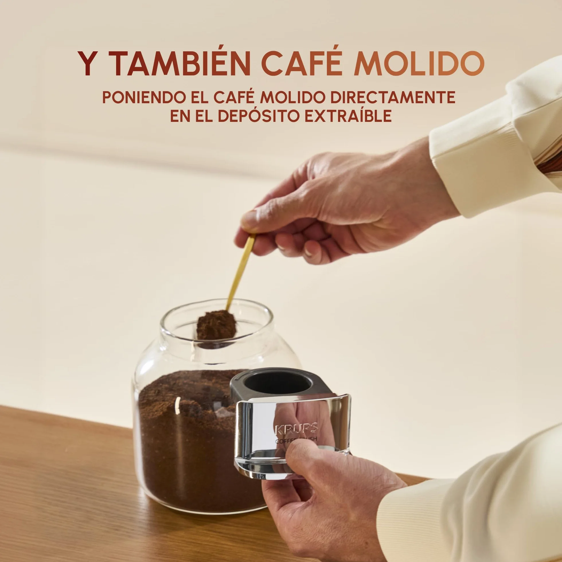KRUPS Coffee Crush, Cafetera automática, Café en Grano y Molido, 15 Bares, 3 recetas de café, 3 niveles de temperatura y de molienda, Pantalla táctil, Compacta 15 cm de ancho, Beige, SA402AE0