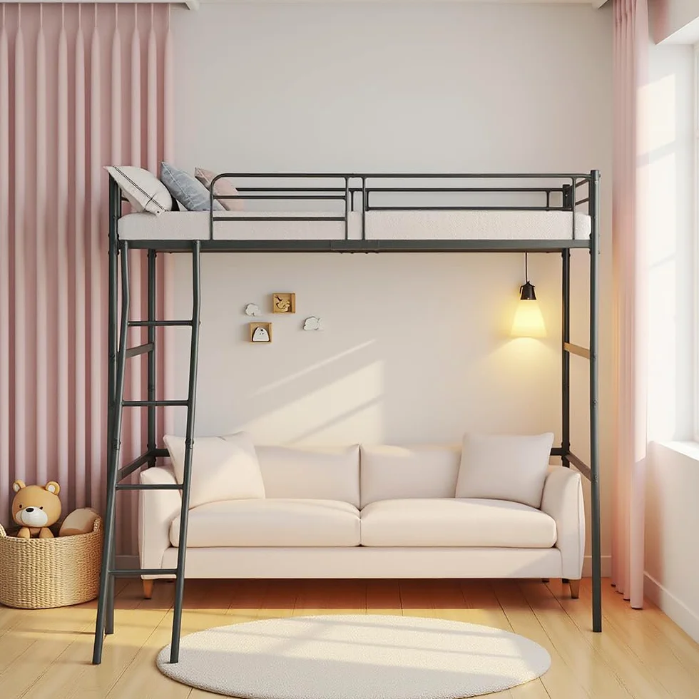 DORAFAIR Cama Alta 90x200 cm Metal con Escalera, Barandillas Seguridad, Negro