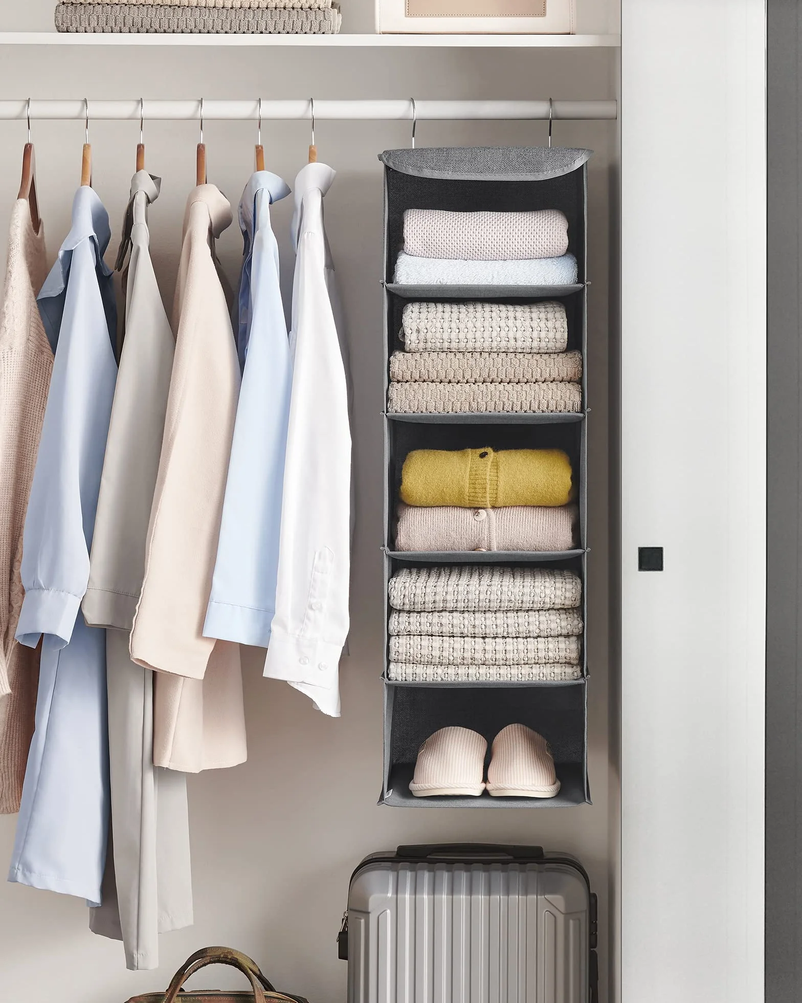 SONGMICS Organizador Armario Bolsa Colgante Plegable con Ganchos Metálicos Bambú Gris RYCH06G